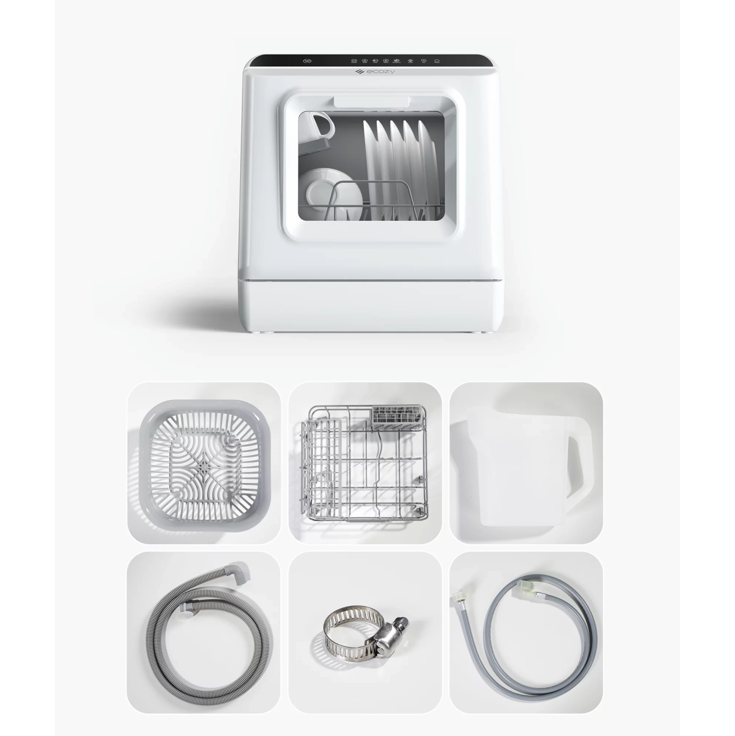 Lave-vaisselle de comptoir portatif ECozy, mini lave-vaisselle avec  réservoir d'eau de 5 l intégré, 5 programmes de lavage, fonction de séchage  supplémentaire pour appartements, camping et VR, blanc