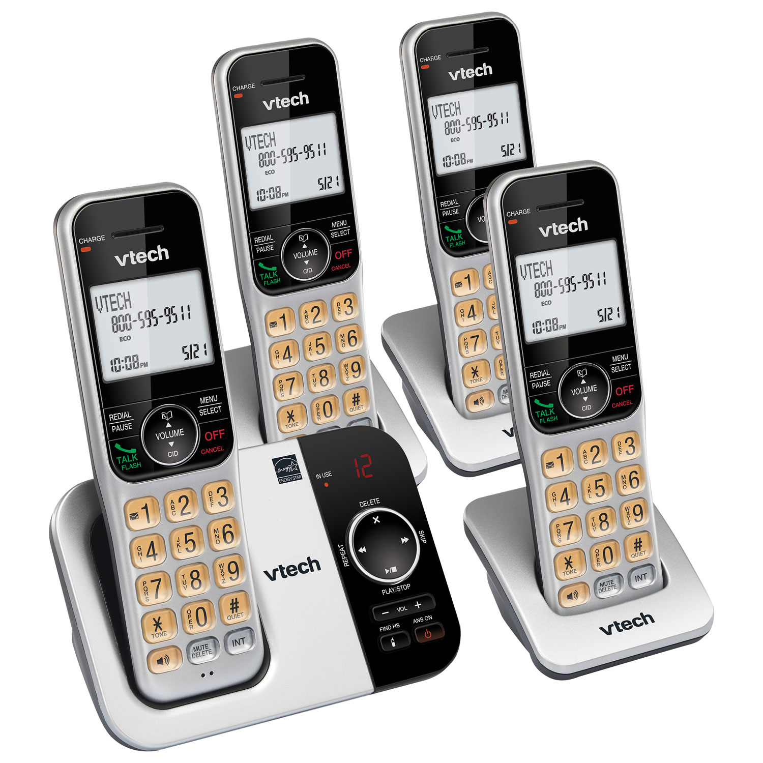 Téléphone sans fil DECT 6.0 à 4 combinés de VTech avec répondeur et afficheur - Argenté/Noir - Exclusivité de Best Buy