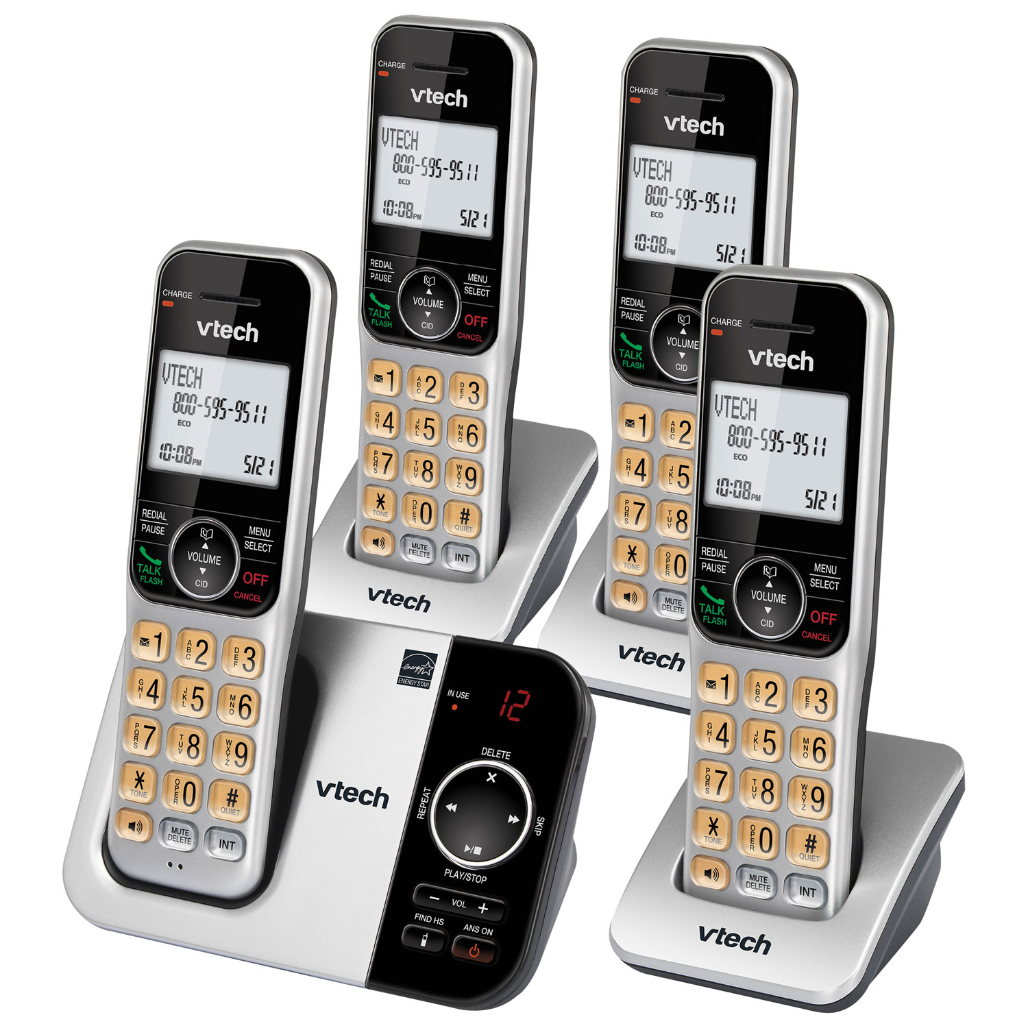 Téléphone sans fil DECT 6.0 à 4 combinés de VTech avec répondeur et afficheur - Argenté/Noir - Exclusivité de Best Buy