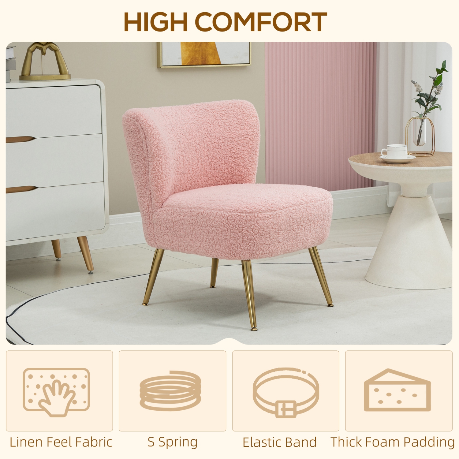 HOMCOM – Chaise-coiffeuse moderne sans accoudoirs avec pattes en acier doré pour la chambre à coucher et le salon, rose