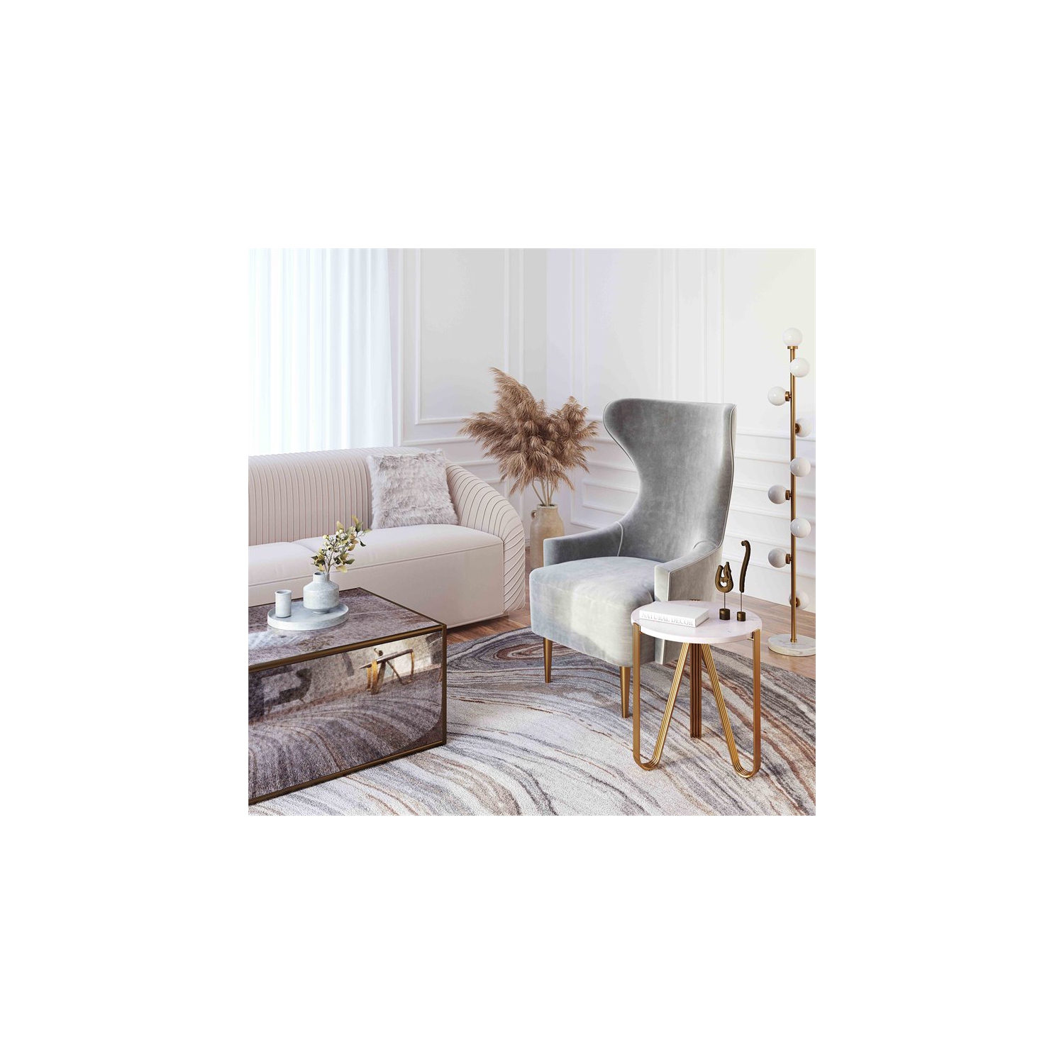 TOV Furniture Aya 28"H Transitional Marble and Iron Side Table in White/Gold