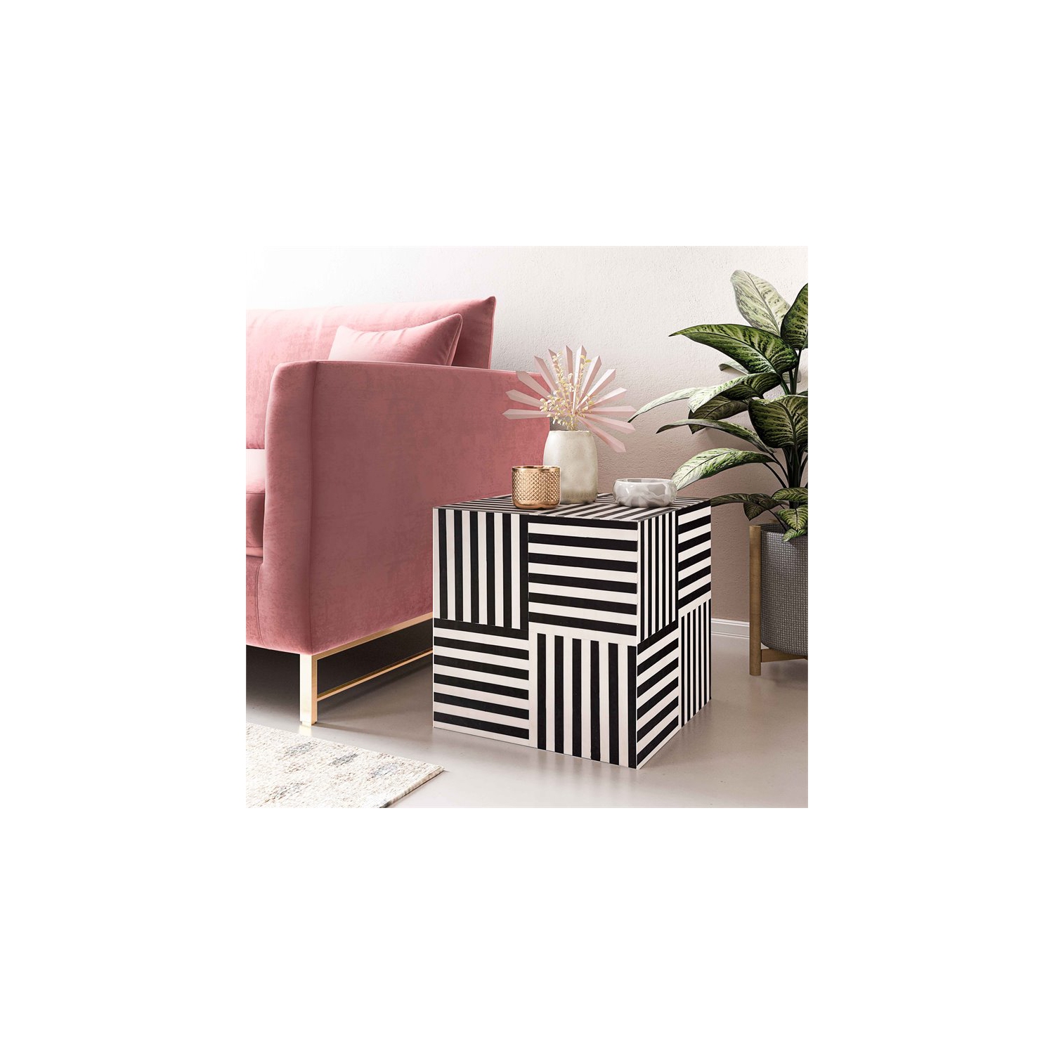 TOV – Table d’appoint en bois MDF de style transitionnel Cube de 15 haut., noir/blanc