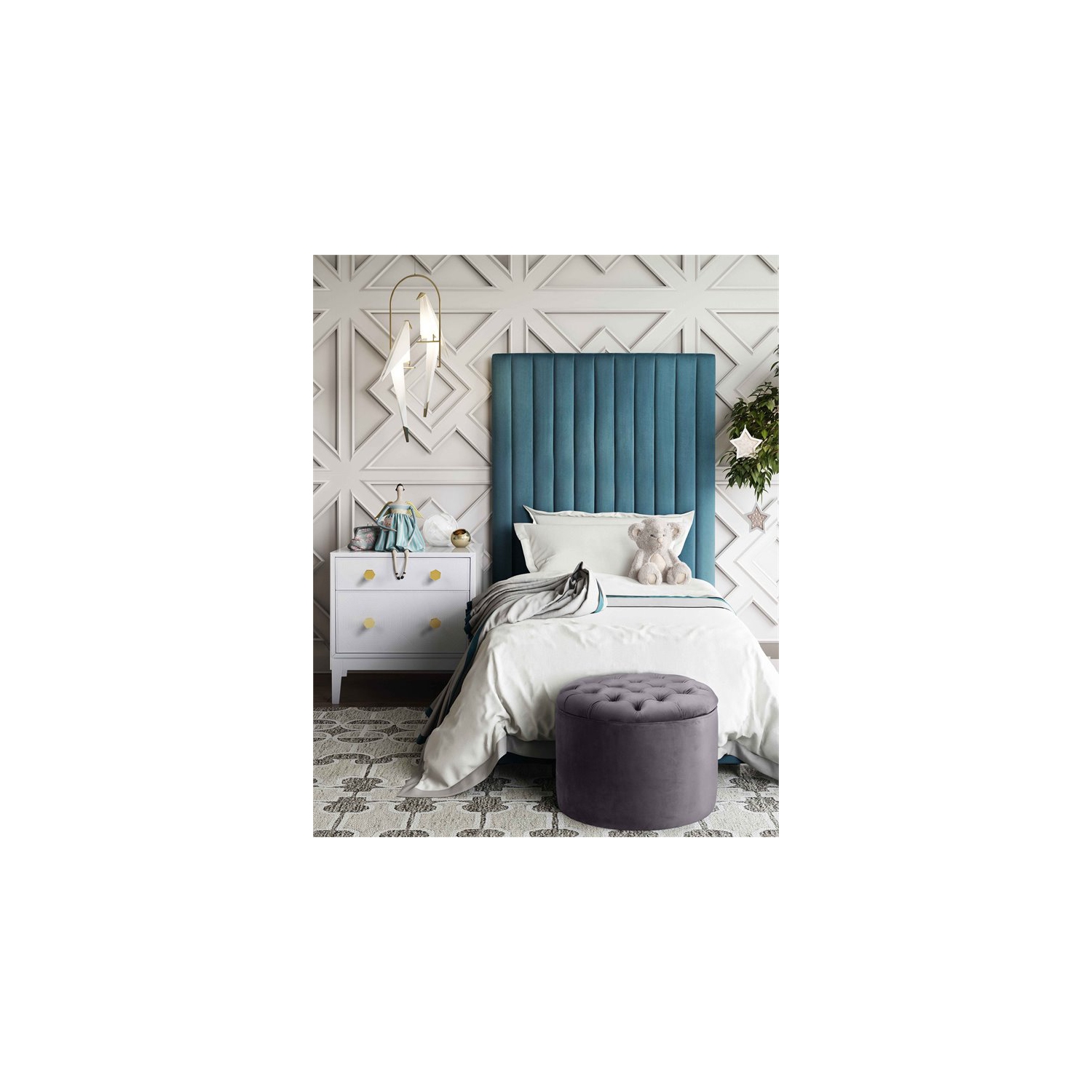 Pouf de rangement transitionnel en velours de 16 po de hauteur de TOV Furniture, grand lit, gris