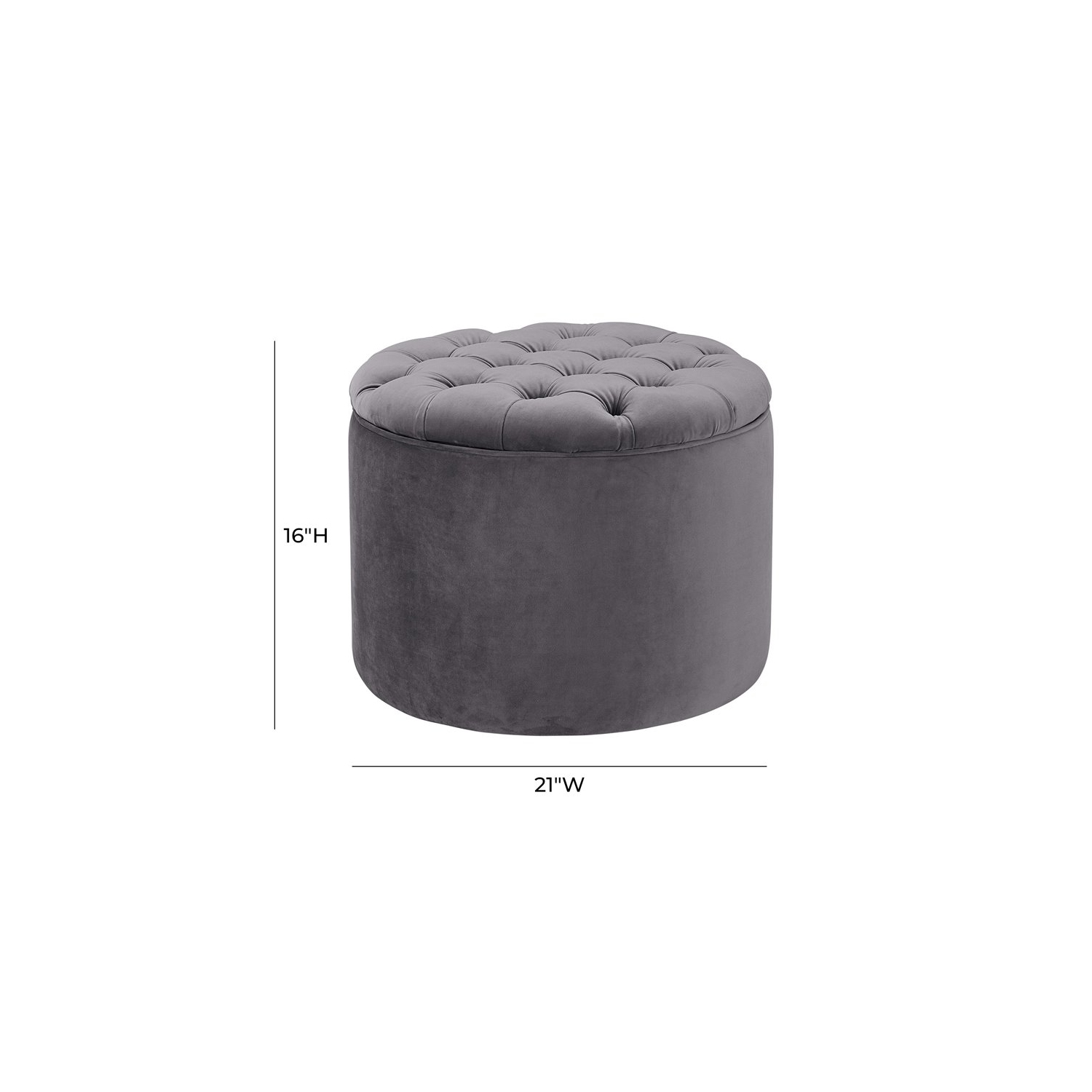 Pouf de rangement transitionnel en velours de 16 po de hauteur de TOV Furniture, grand lit, gris