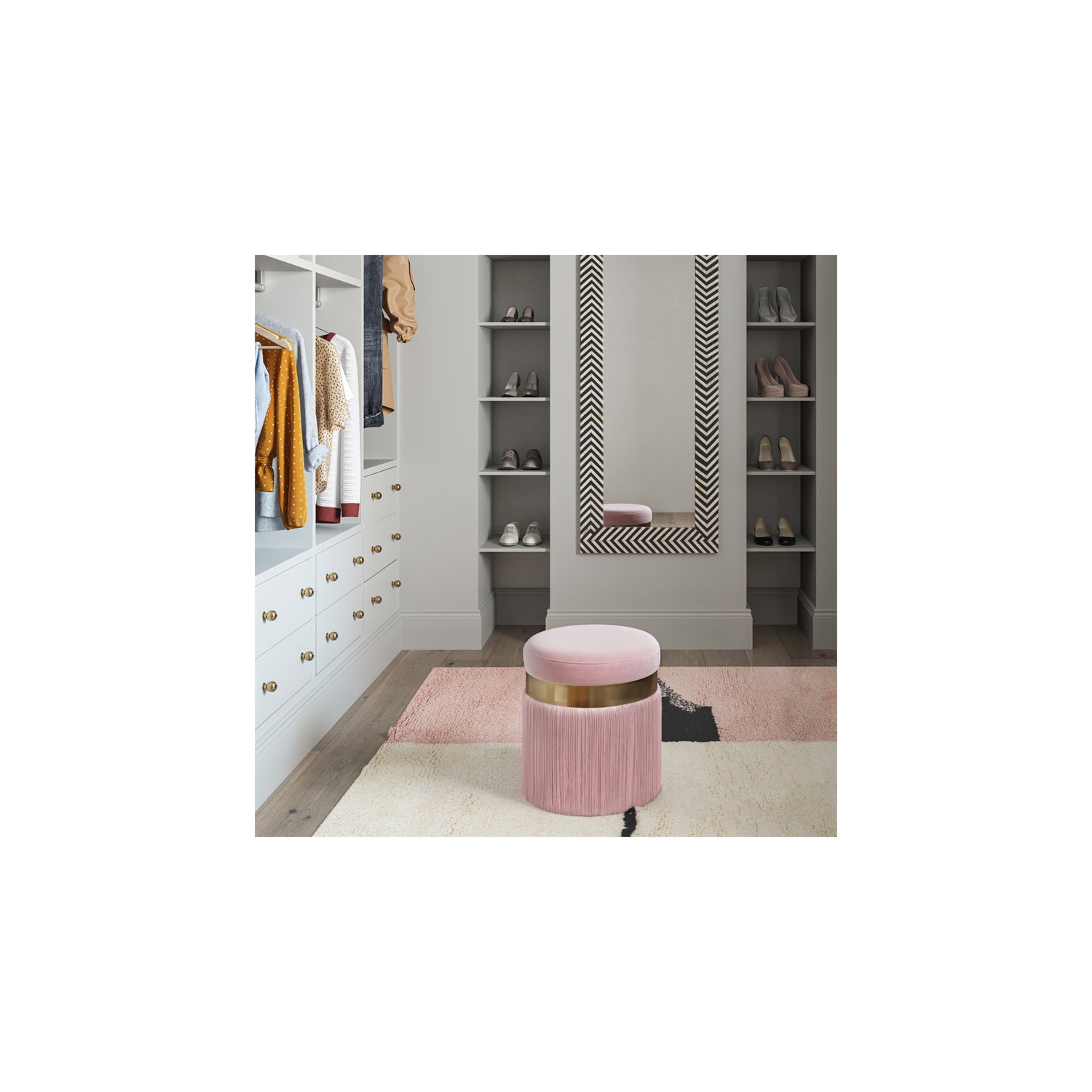 TOV Furniture Melody 16.3"H Transitional Velvet and MDF Ottoman in Blush Pink