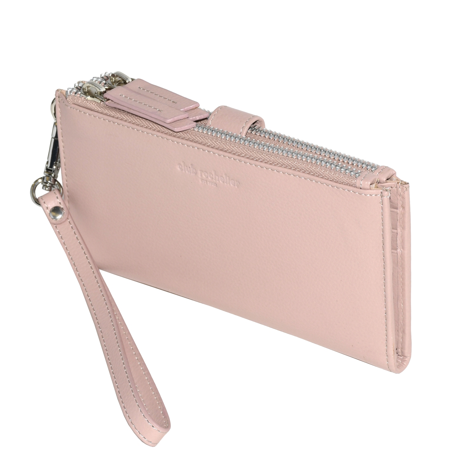 Club Rochelier Leather Ladies Double Zip Clutch Blush