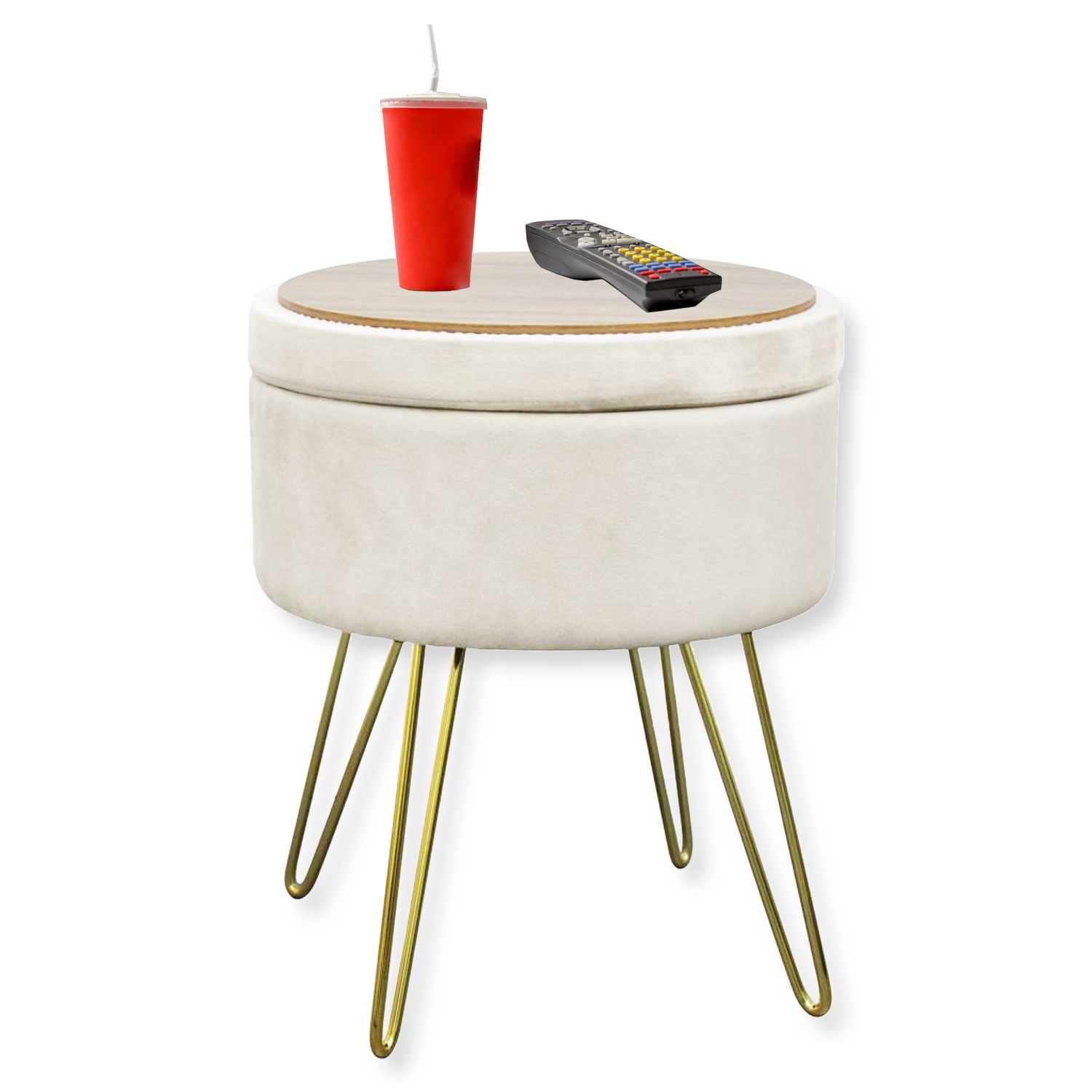 ITY International - Pouf / Repose-Pied en Velour avec Rangement et Plateau, Base en Métal, Blanc