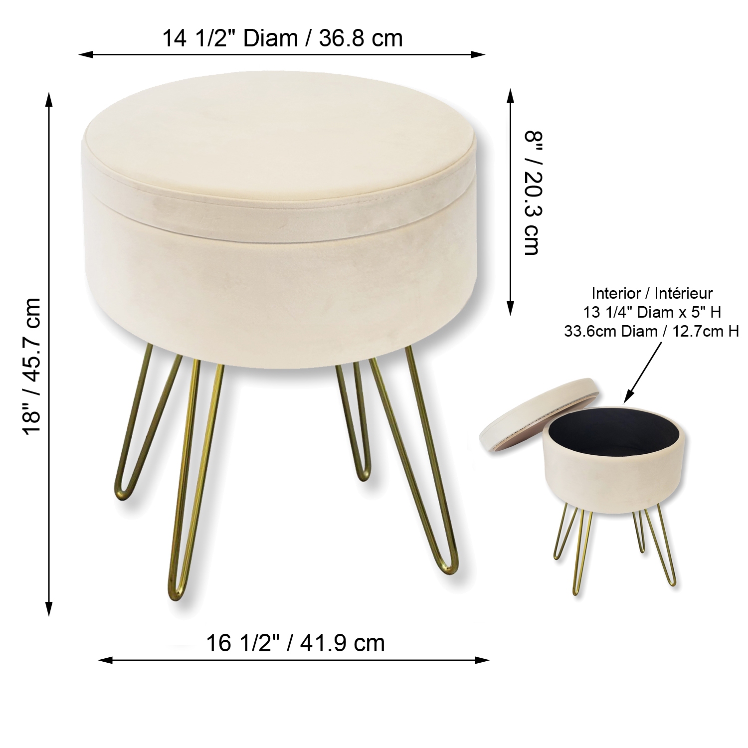 ITY International - Pouf / Repose-Pied en Velour avec Rangement et Plateau, Base en Métal, Blanc