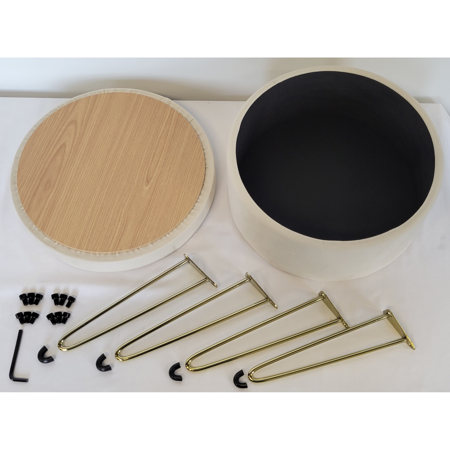 ITY International - Pouf / Repose-Pied en Velour avec Rangement et Plateau, Base en Métal, Blanc