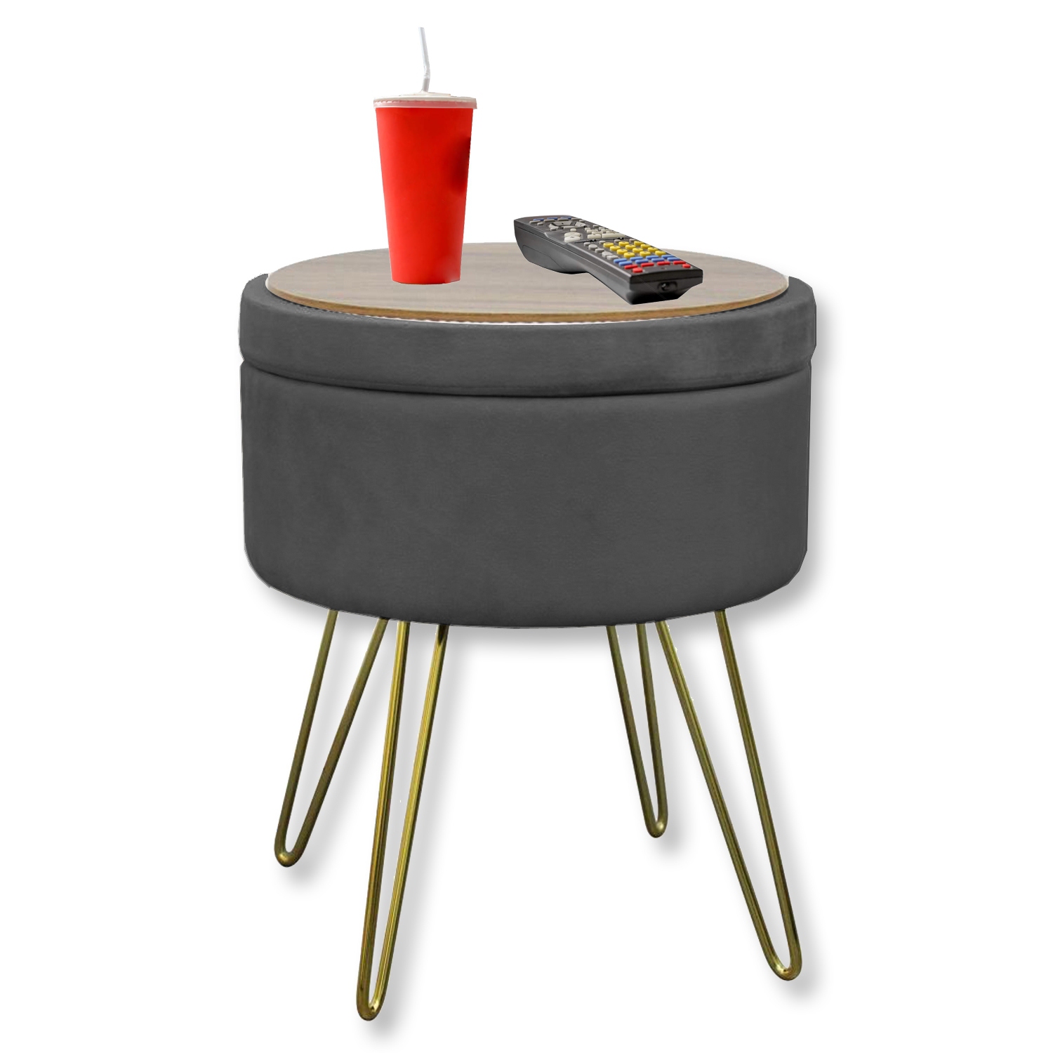 ITY International - Velvet Ottoman / Footstool with Storage and Tray, Metal Base, Grey