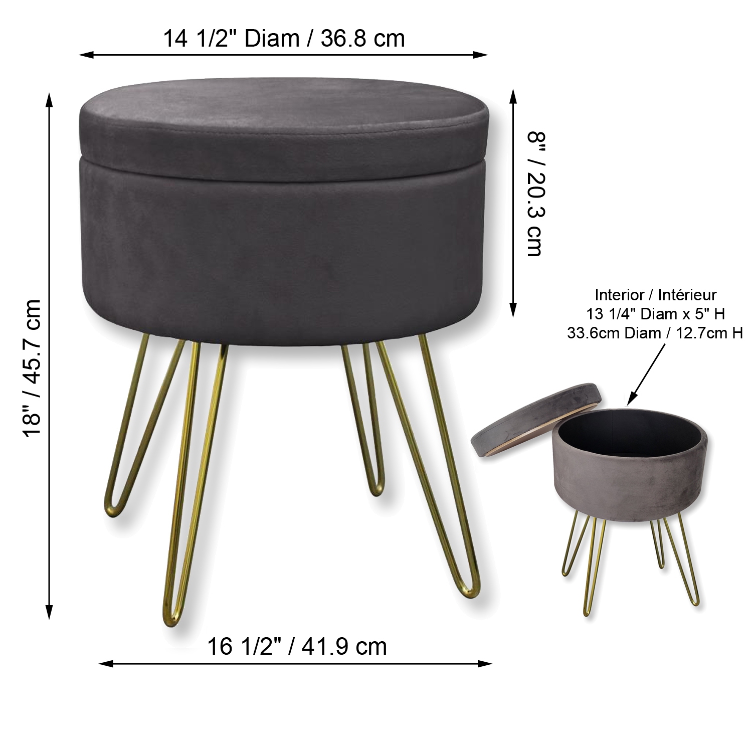 ITY International - Velvet Ottoman / Footstool with Storage and Tray, Metal Base, Grey