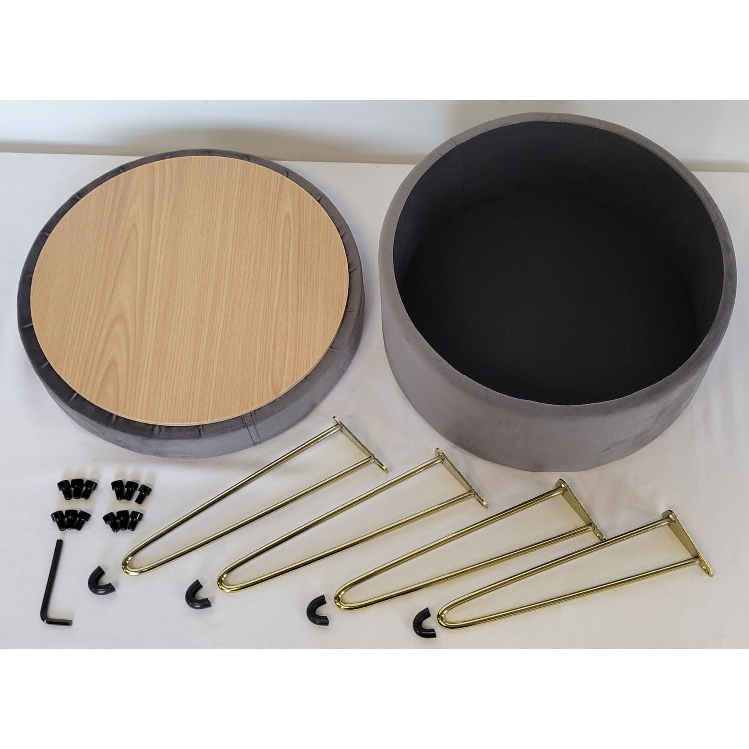 ITY International - Velvet Ottoman / Footstool with Storage and Tray, Metal Base, Grey