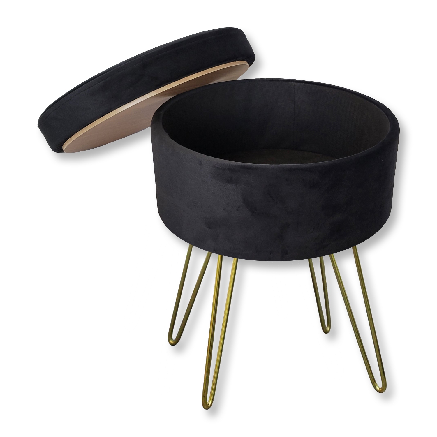 ITY International - Pouf / Repose-Pied en Velour avec Rangement et Plateau, Base en Métal, Noir