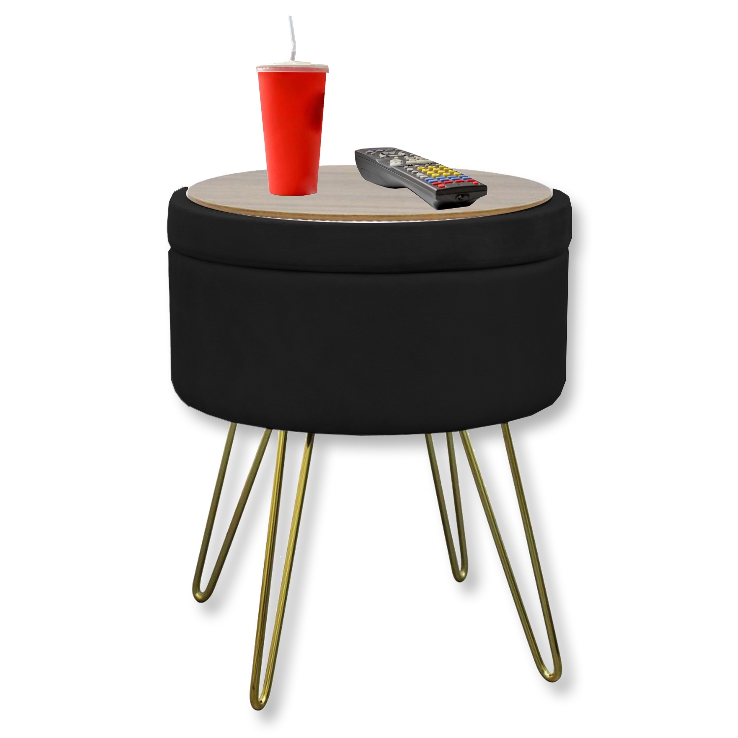 ITY International - Pouf / Repose-Pied en Velour avec Rangement et Plateau, Base en Métal, Noir