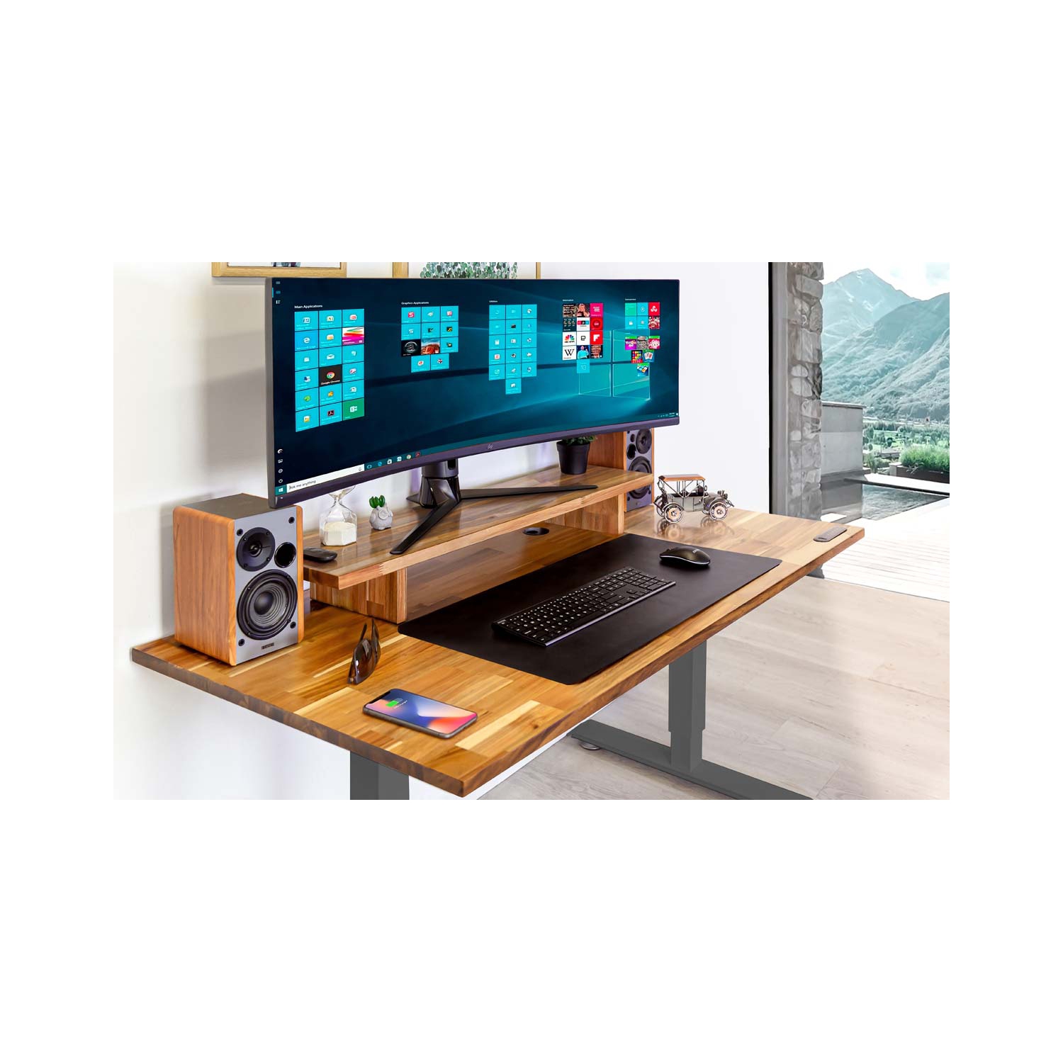 Home Sit and Stand Desk - Acacia Reinforced Solid Wood Tabletop on Home Grey Frame Medium with Built-in Wireless Charging Pad