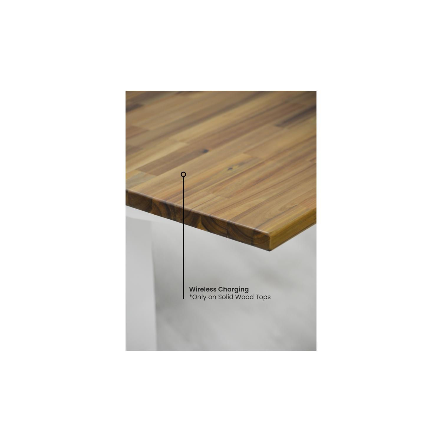 Home Sit and Stand Desk - Acacia Reinforced Solid Wood Tabletop on Home White Frame Medium with Built-in Wireless Charging Pad