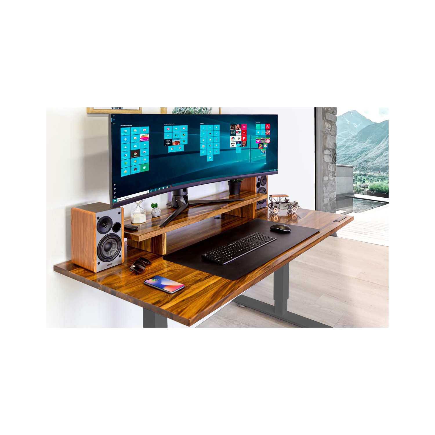 Bureau assis/debout Home – Table en bois massif renforcé Pheasanwood sur cadre gris moyen avec tapis de chargement sans fil intégré