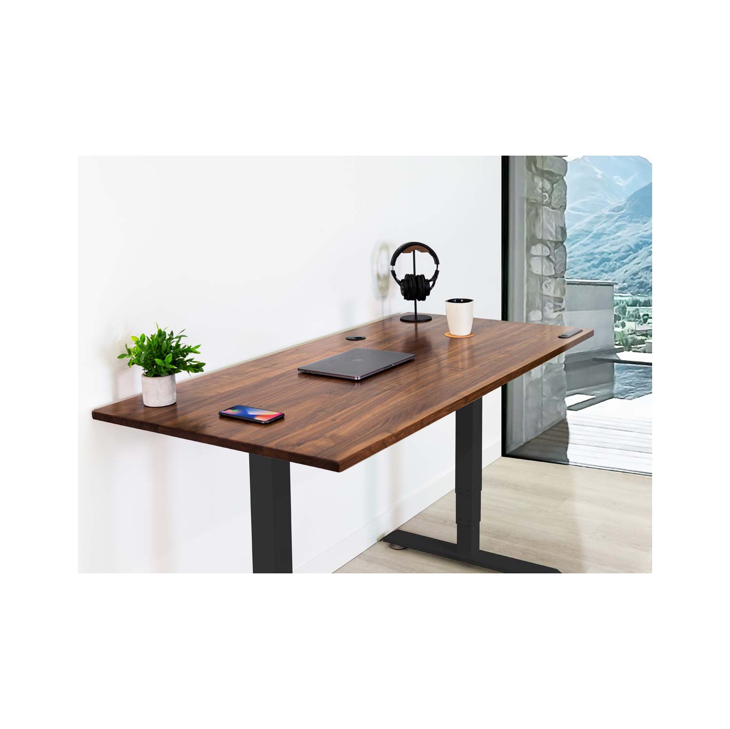 Bureau assis/debout professionnel - dessus noyer sur cadre noir professionnel moyen