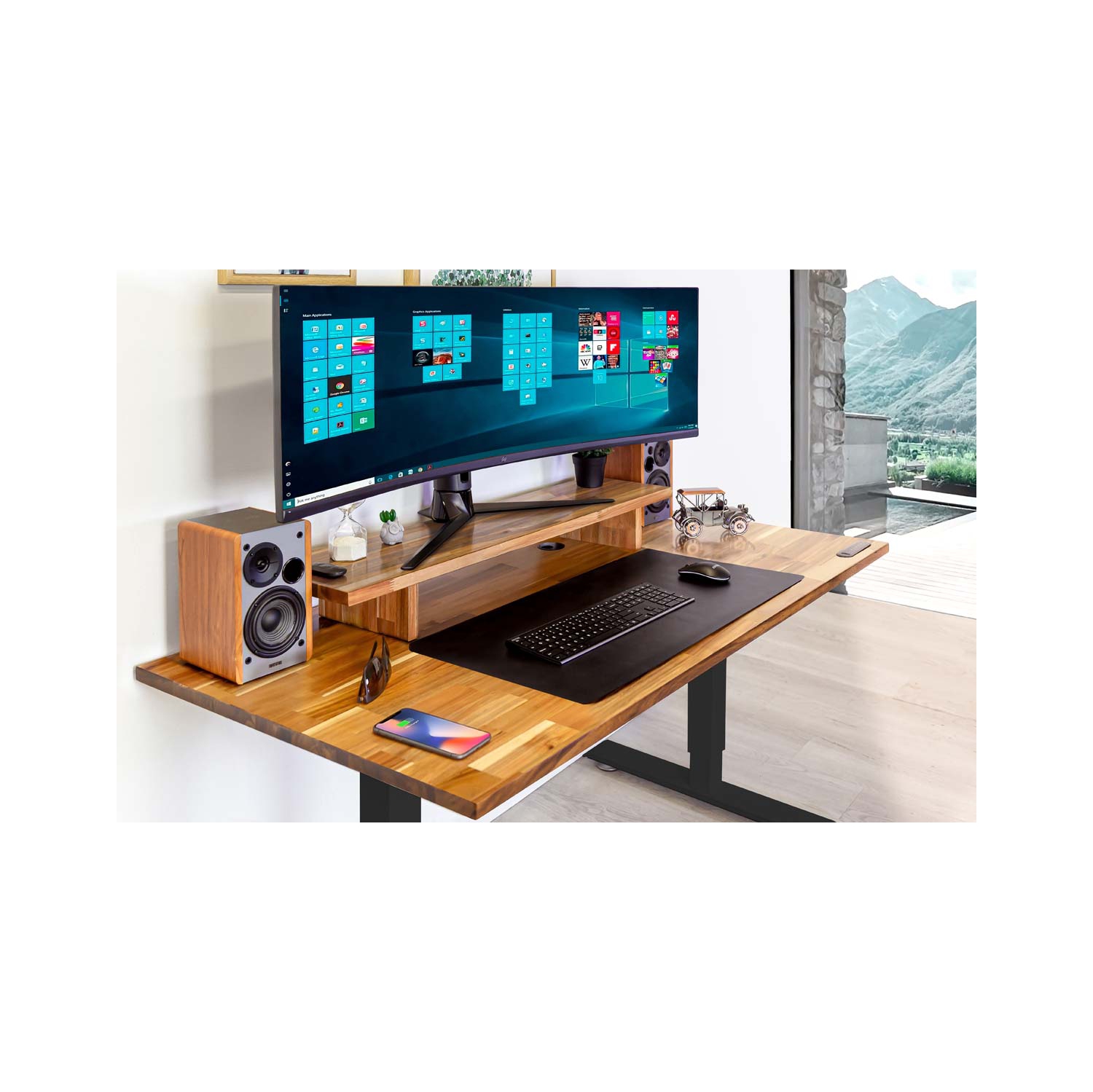 Home Sit and Stand Desk - Acacia Reinforced Solid Wood Tabletop on Home Black Frame Medium with Built-in Wireless Charging Pad