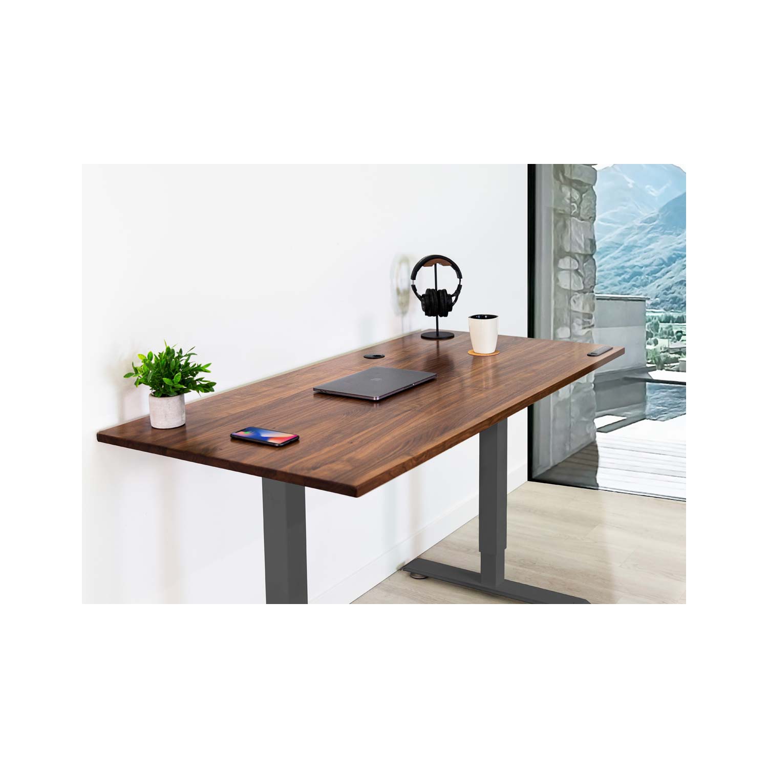 Home Sit and Stand Desk - Walnut Reinforced Solid Wood Tabletop on Home Grey Frame Medium with Built-in Wireless Charging Pad