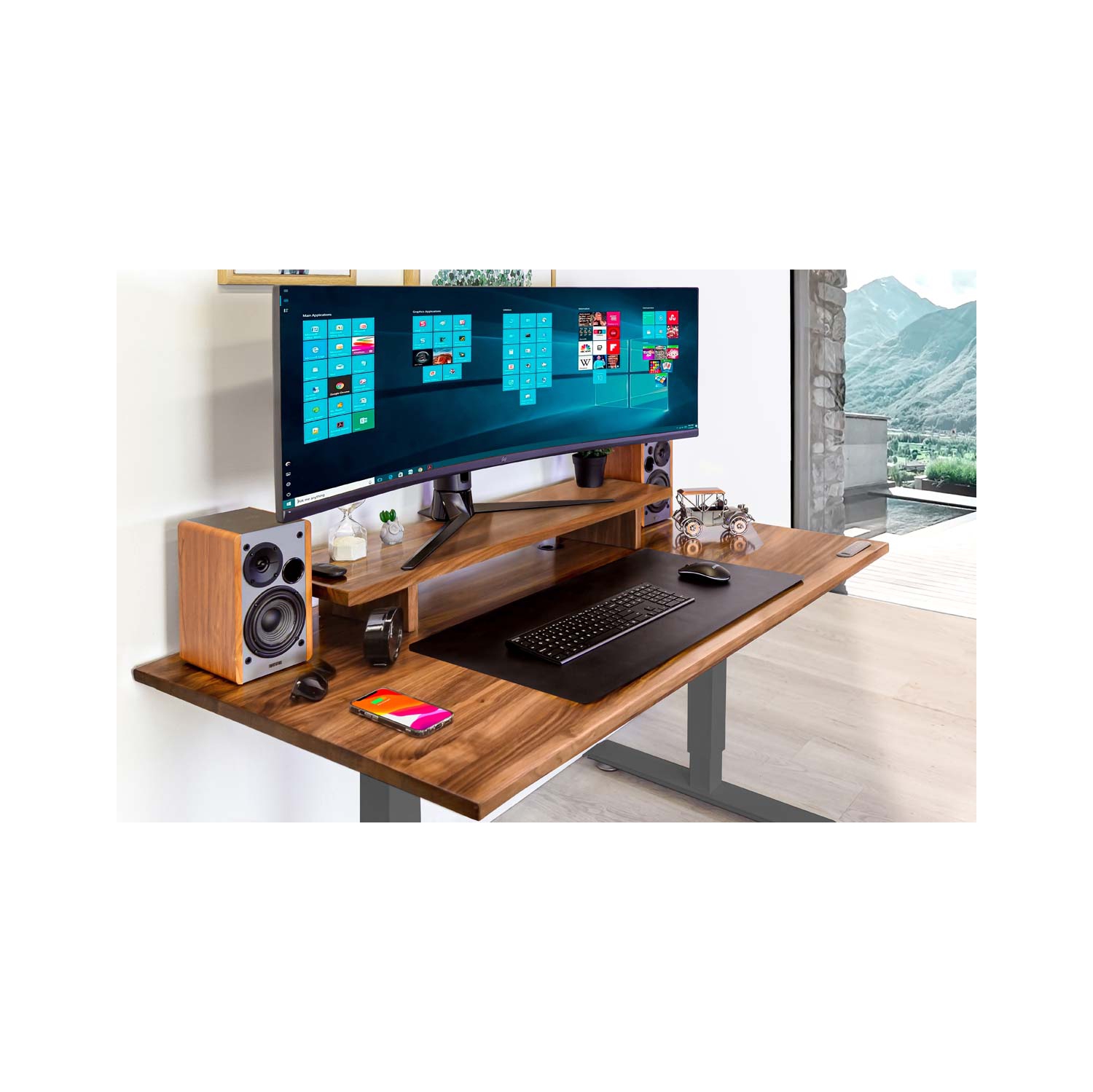 Home Sit and Stand Desk - Walnut Reinforced Solid Wood Tabletop on Home Grey Frame Medium with Built-in Wireless Charging Pad