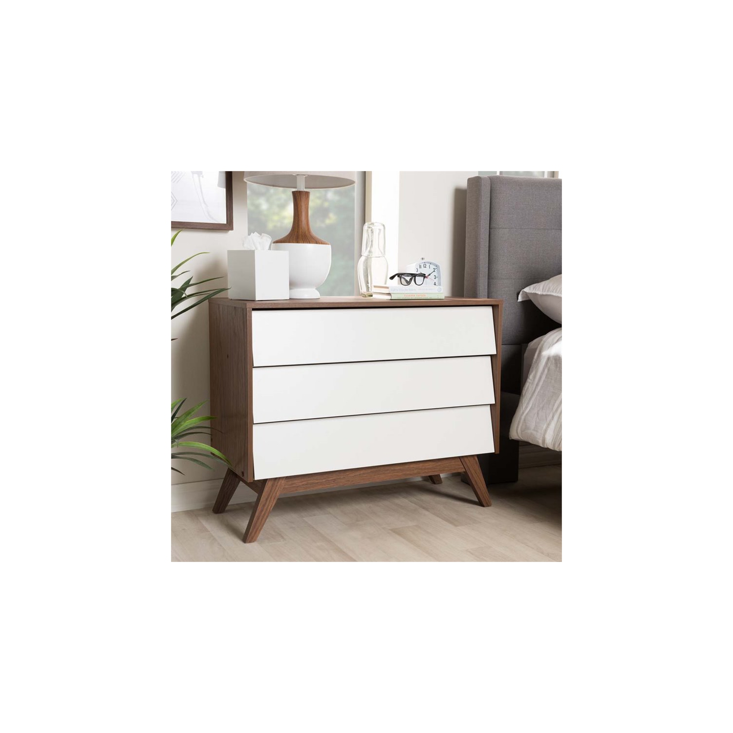 Baxton Studio Hildon 3 Drawer Chest in White and Walnut Brown