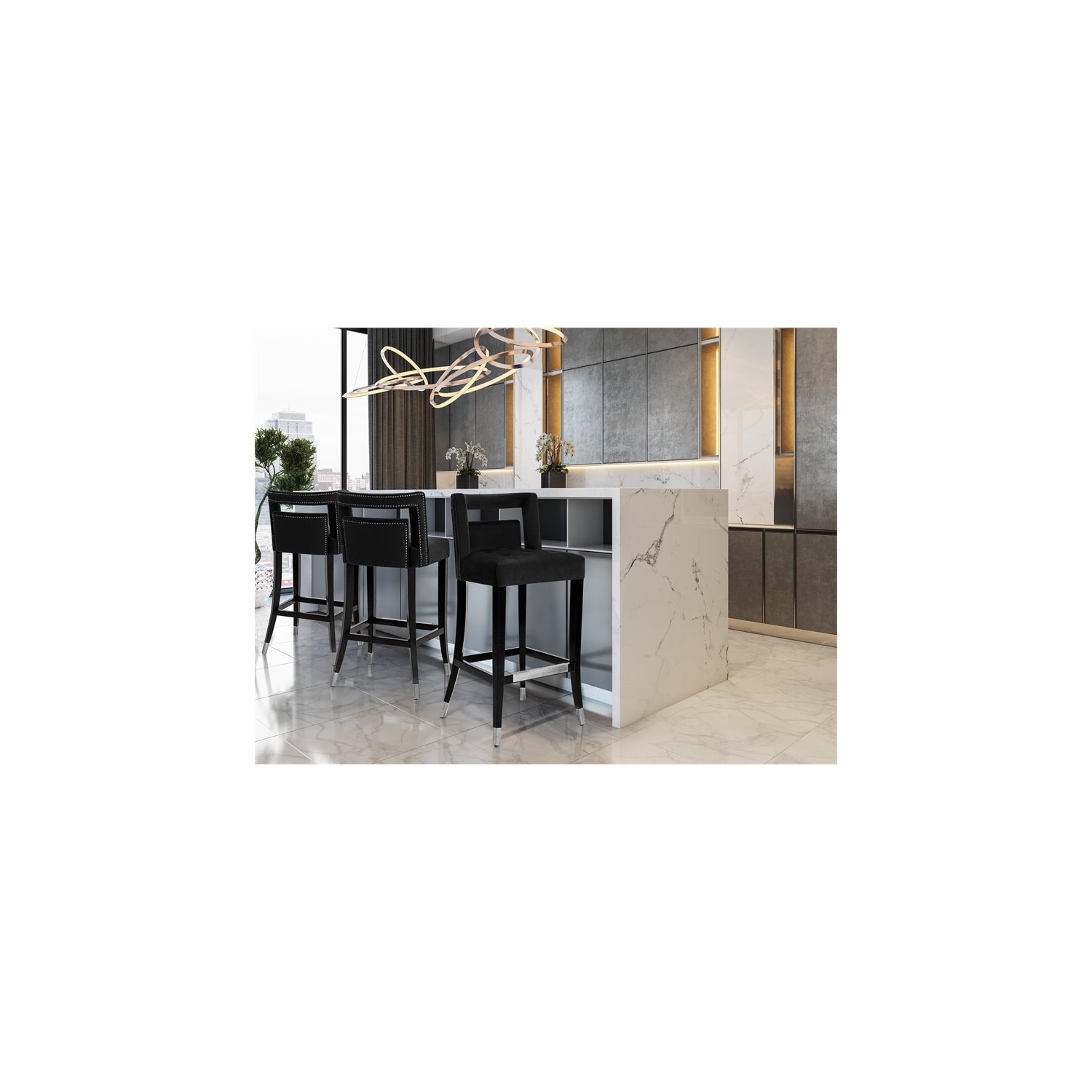 Tabouret de bar transitionnel de 30.3 po en velours et bouleau Hart de TOV Furniture, noir