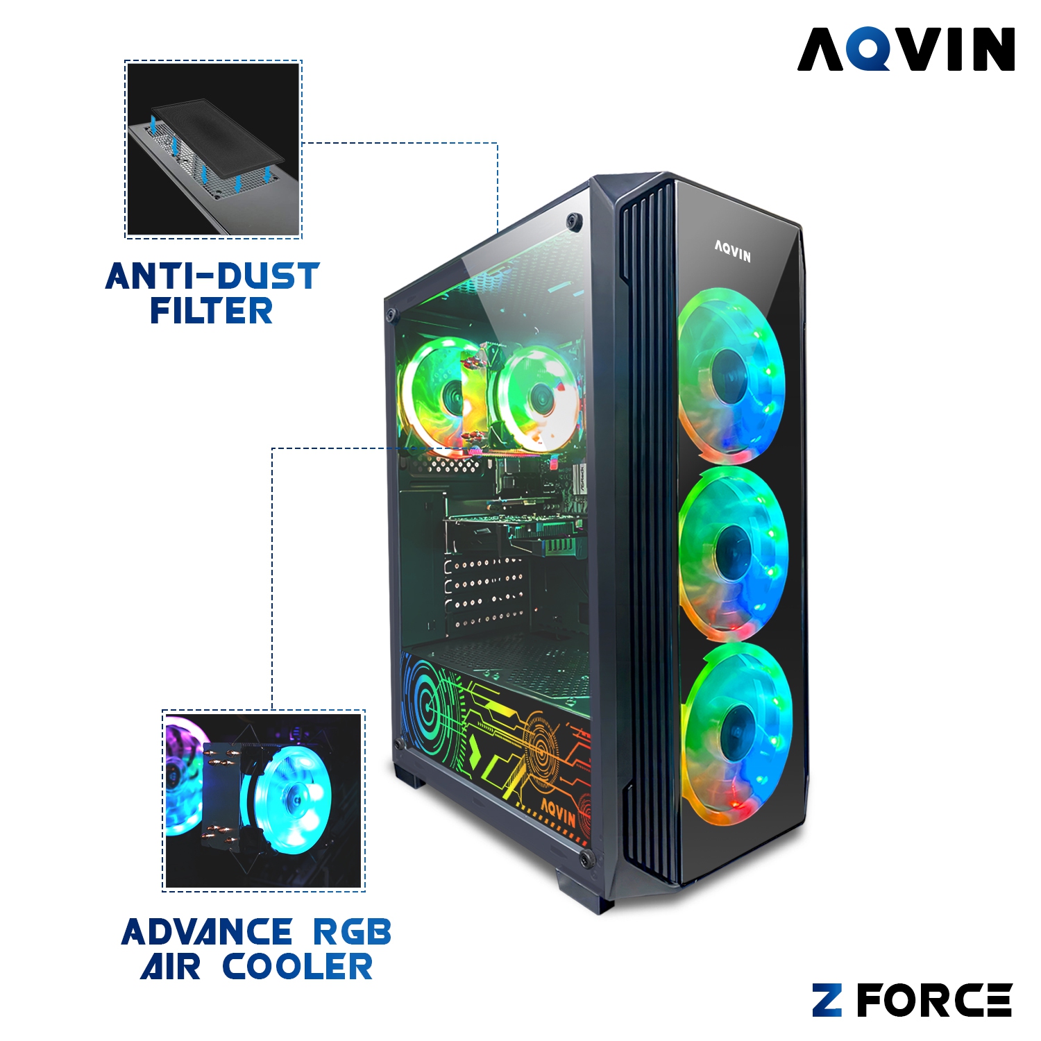 Tour d'ordinateur de jeu AQVIN ZForce RGB - processeur HEX Core i7 d'Intel jusqu'à 4,60Ghz 32 Go RAM DDR4 1 To SSD GeForce RTX 3050