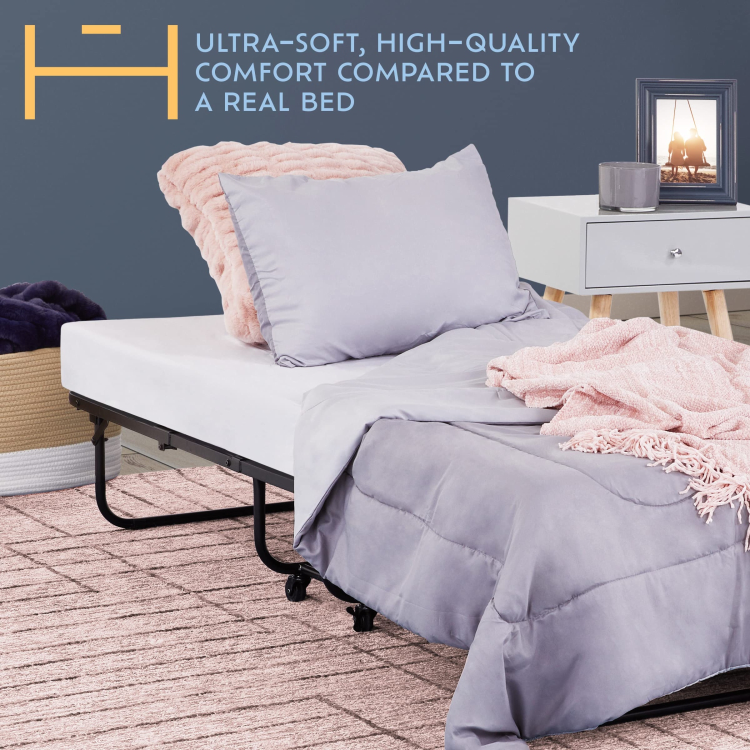 Lit pliant Heyward, matelas une place en mousse à mémoire lavable à la machine avec cadre de lit 77 x 38 x 17 po
