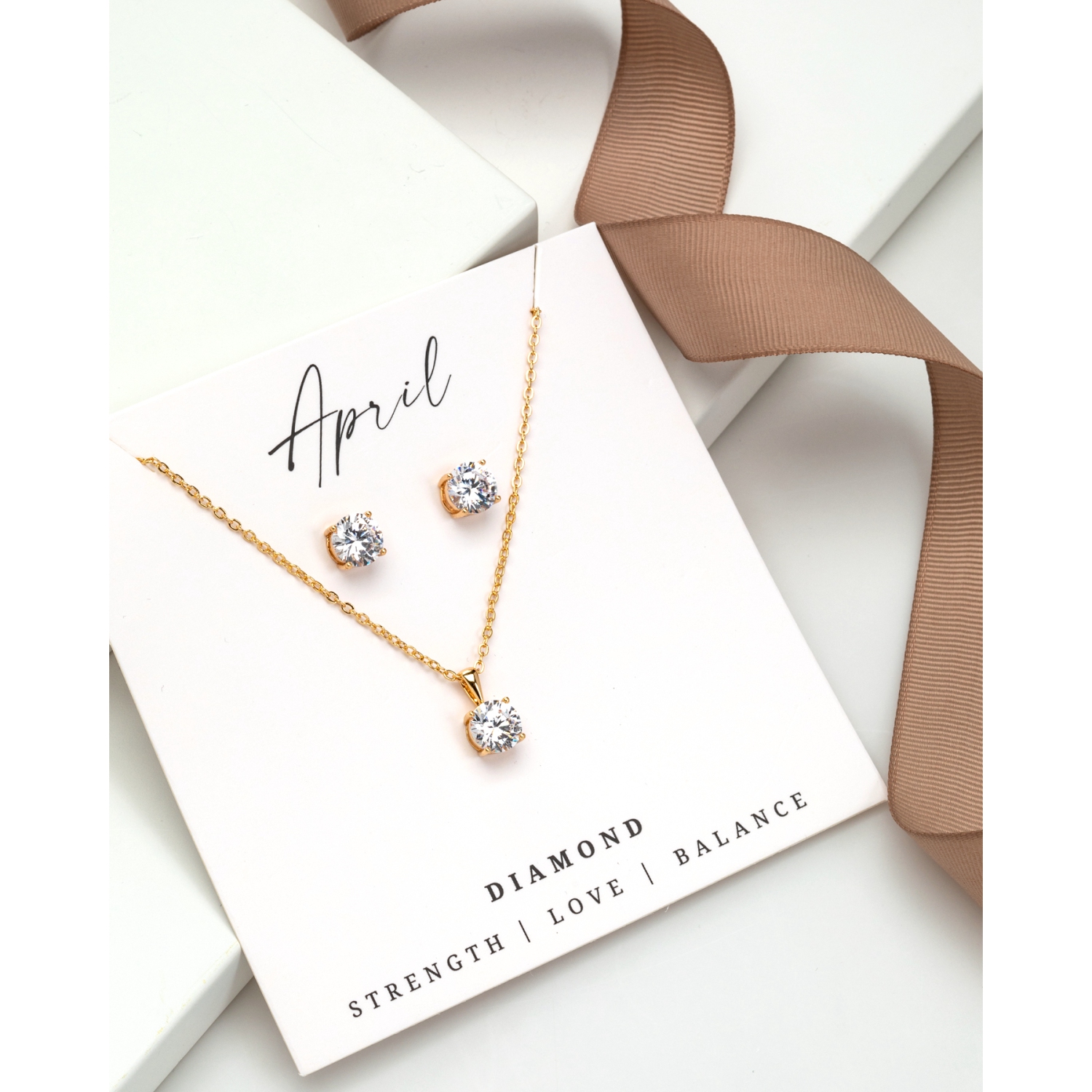 Goldtone April Diamond Birthstone CZ Earring & Necklace Set