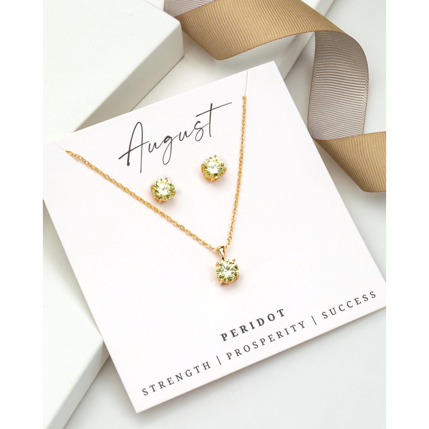 Goldtone August Peridot Birthstone CZ Earring & Necklace Set