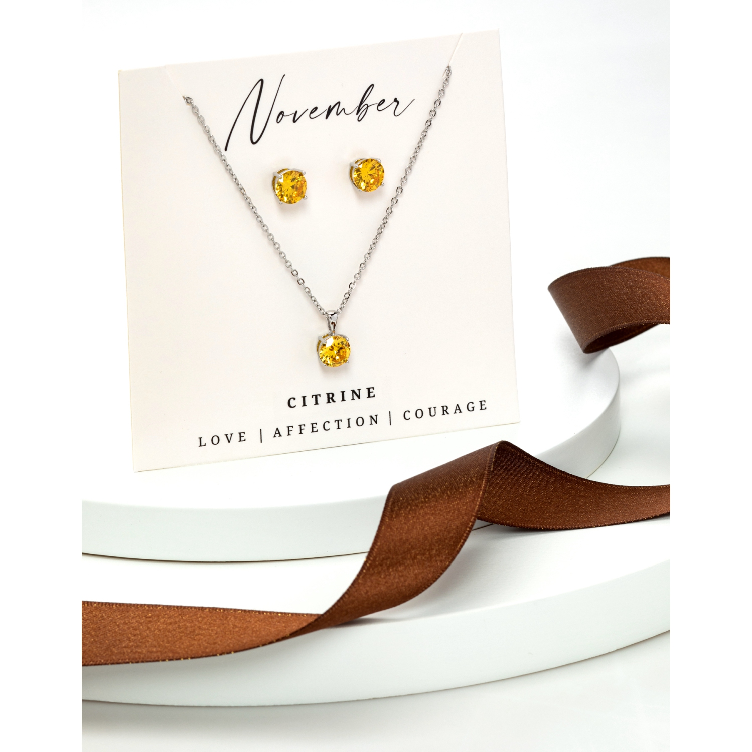 Boucles d'oreilles et collier, zircon cubique et pierre de naissance, ton argent, novembre