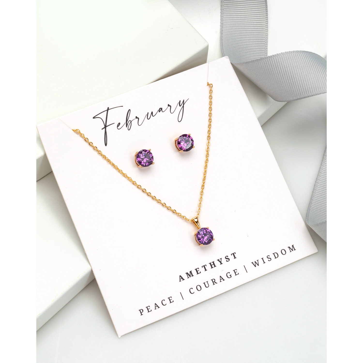 Boucles d'oreilles et collier, améthyste de février, zircons cubiques et zircons cubiques à pierre de naissance ton or