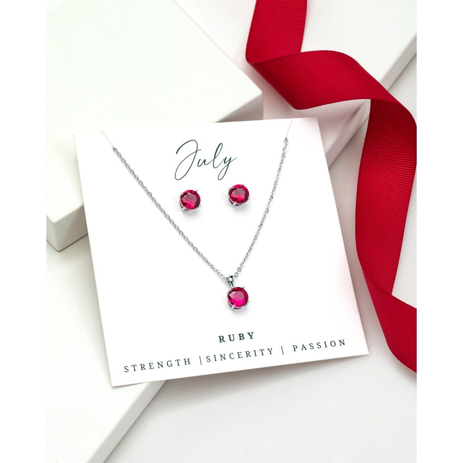 Silvertone July Ruby Birthstone CZ Earring & Necklace Set