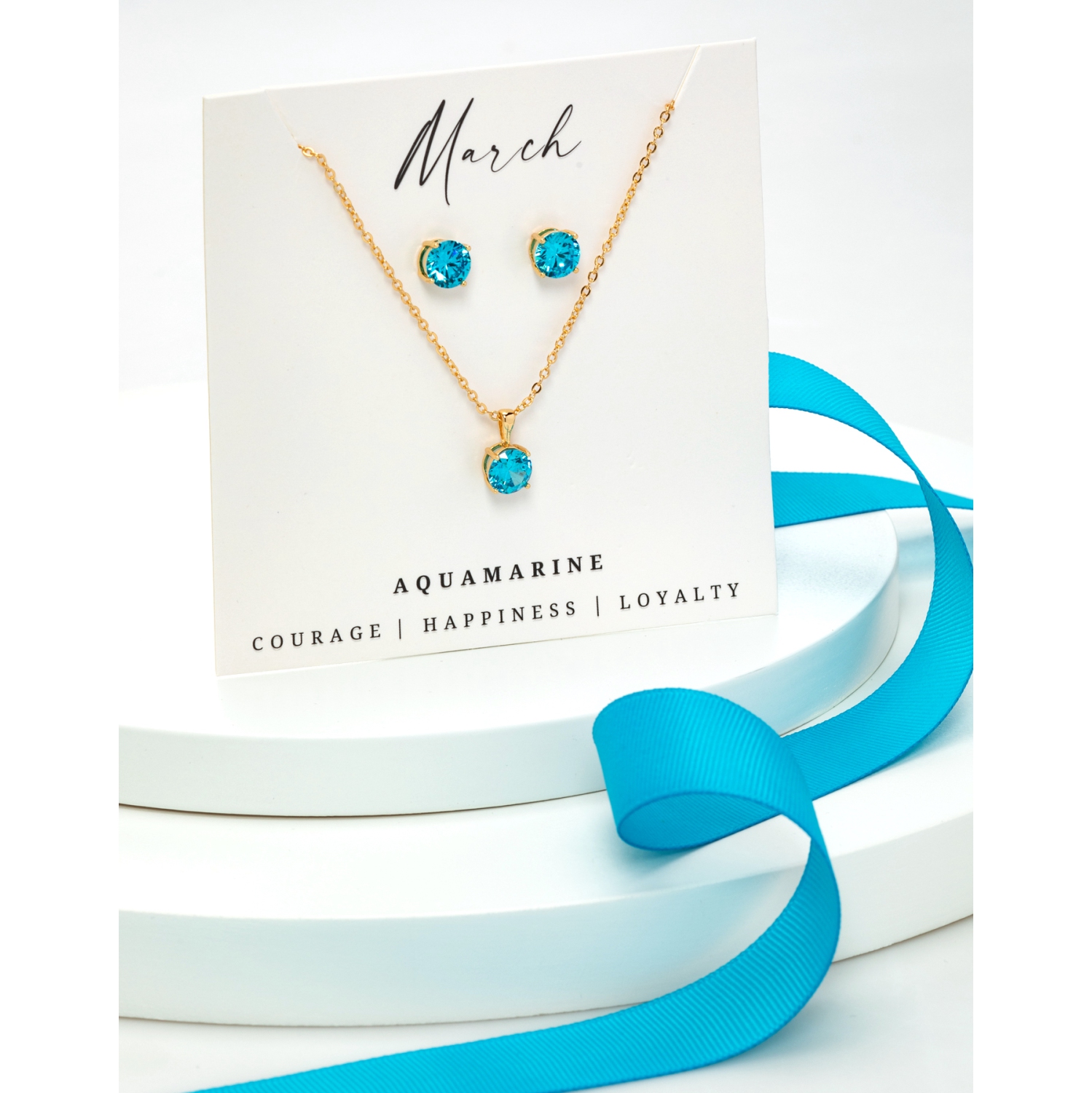 Boucles d'oreilles et collier ton or, aigue-marine et zircons cubiques à pierre de naissance