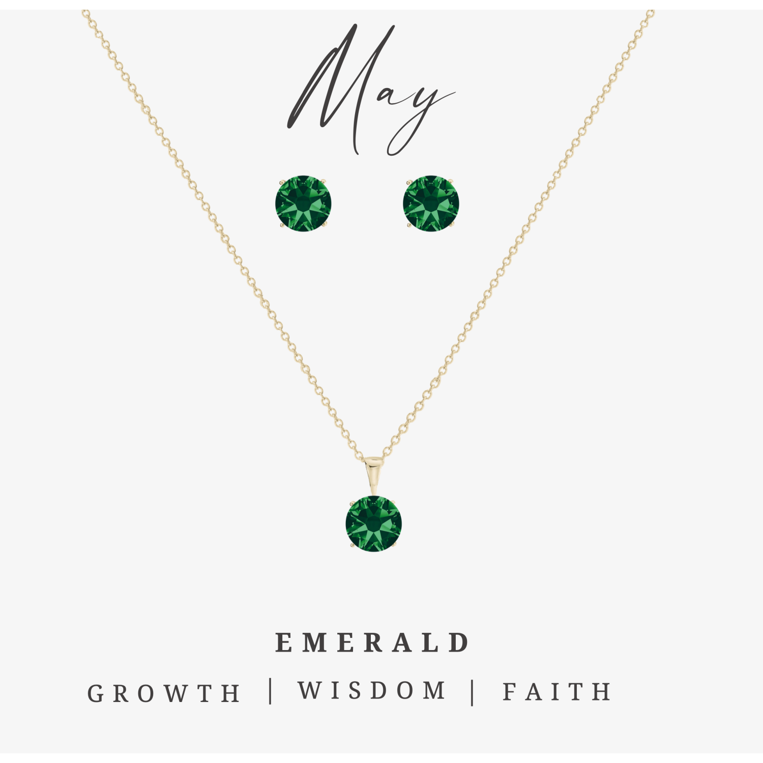 Boucles d'oreilles et collier ton or, émeraude de mai, zircons cubiques à pierre de naissance