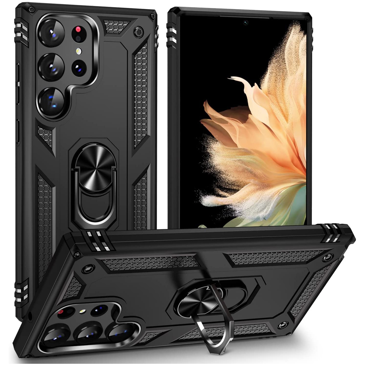 【SuperShield】 Heavy Duty Full-Body Armor Shockproof Bumper Hard Back Protective Defender Case with Kickstand Ring Phone Holder Case for Samsung