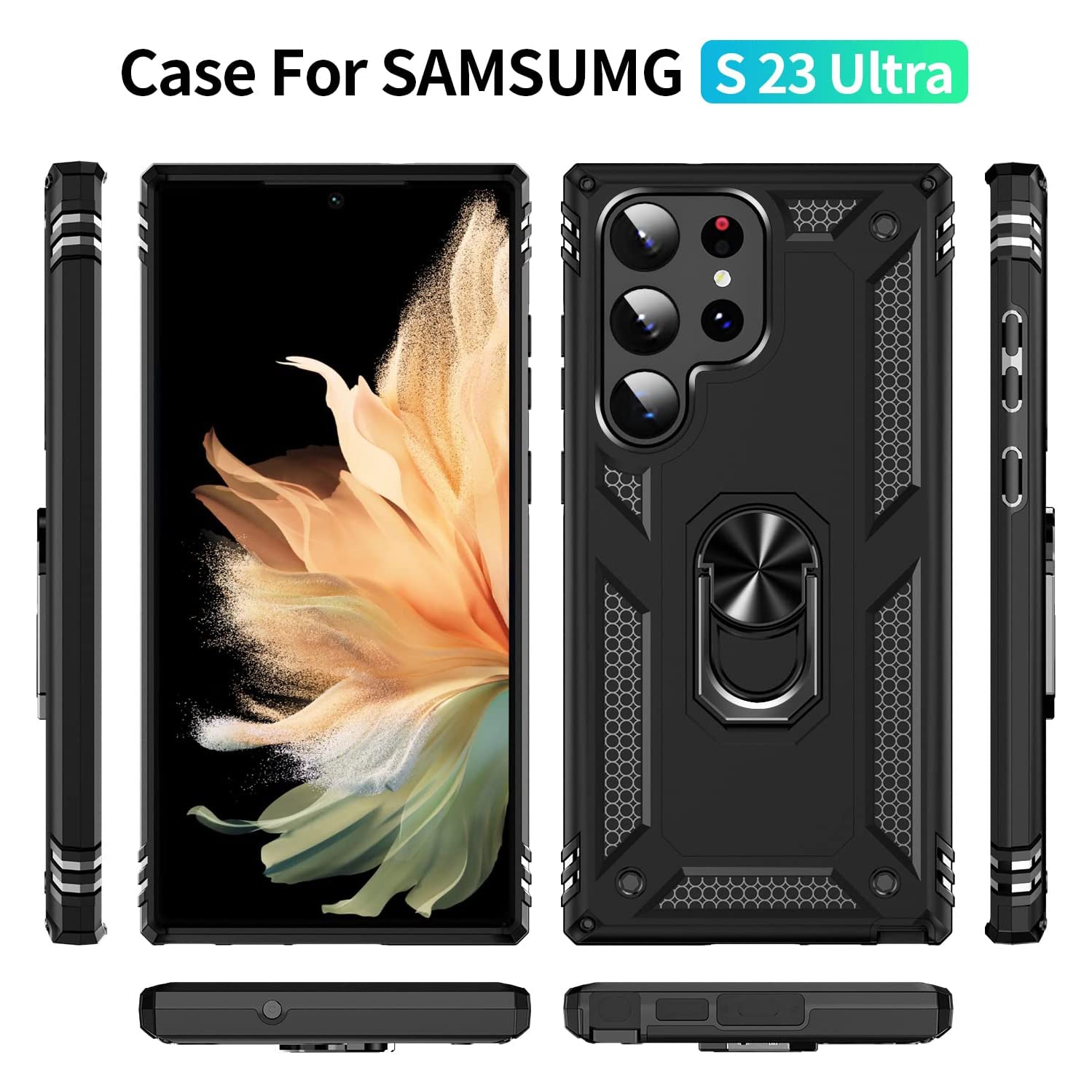 【SuperShield】 Heavy Duty Full-Body Armor Shockproof Bumper Hard Back Protective Defender Case with Kickstand Ring Phone Holder Case for Samsung