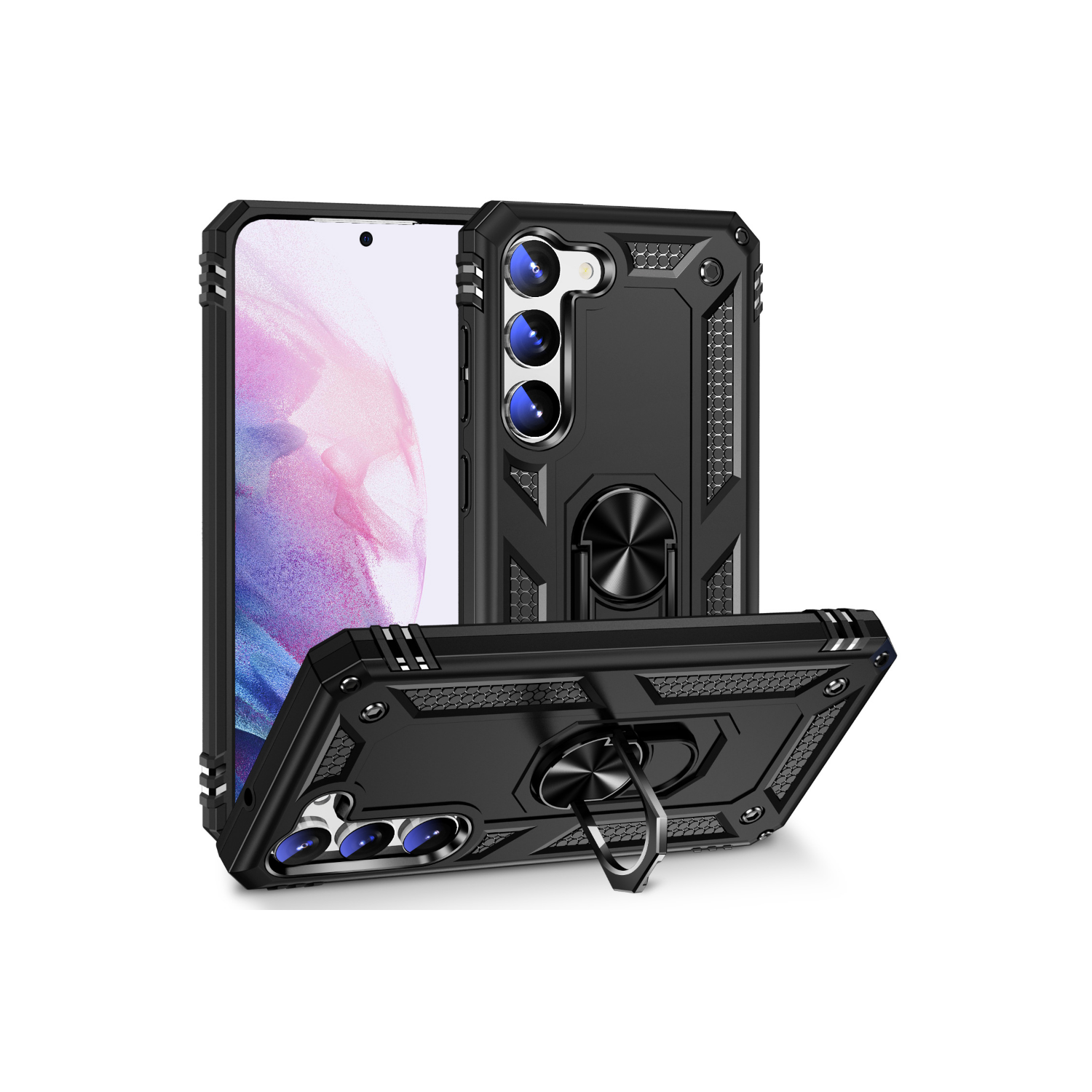 【SuperShield】 Heavy Duty Full-Body Armor Shockproof Bumper Hard Back Protective Defender Case with Kickstand Ring Phone Holder Case for Samsung