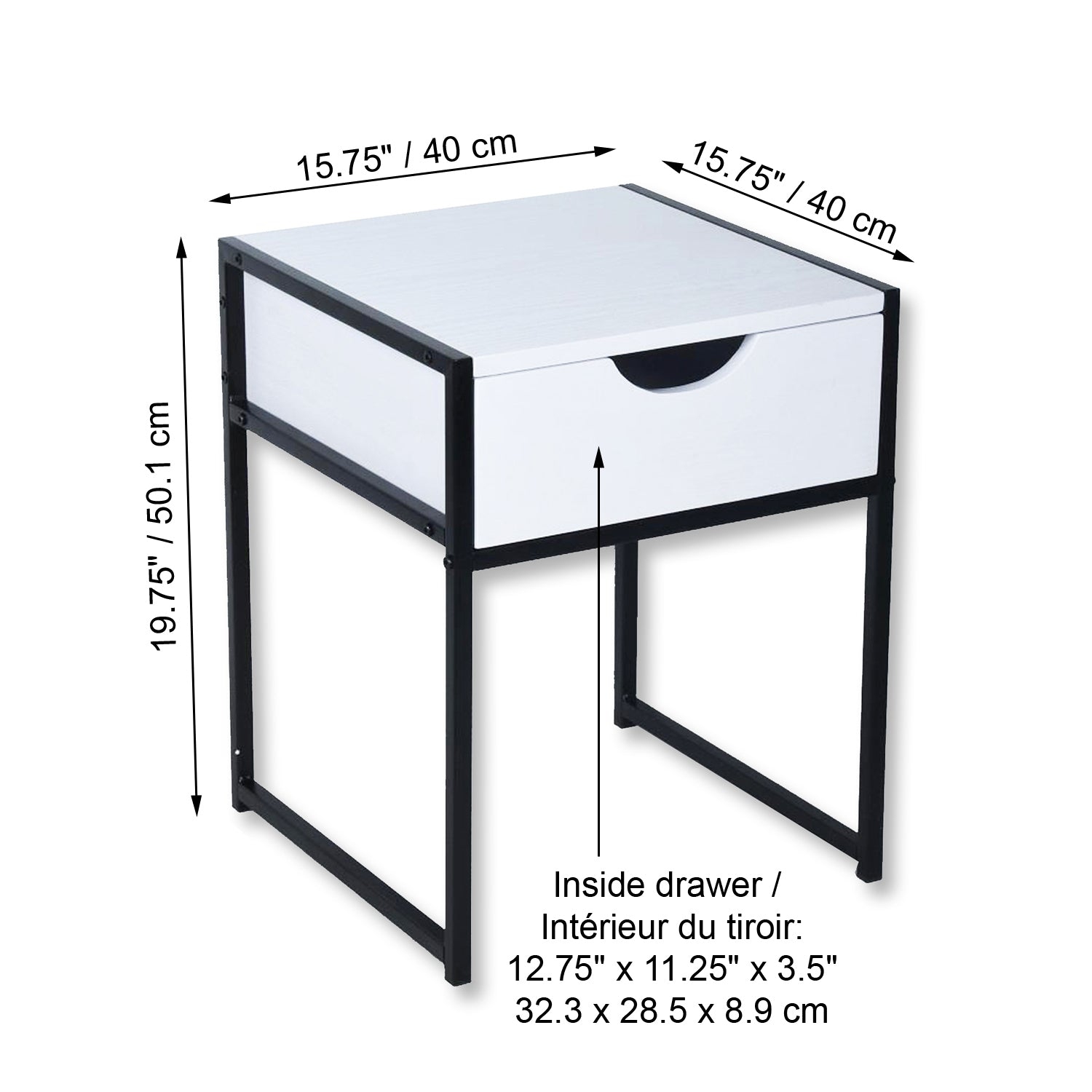 ITY International - Table d'appoint avec Tiroir, Fabriqué en MDF, 15.7" x 19.7" x 15.7", Blanc