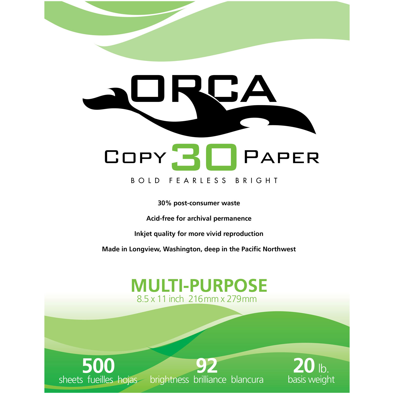 Orca 500-Sheet 8.5” x 11” 30% Recycled Multi-Purpose Paper - 92 Brightness