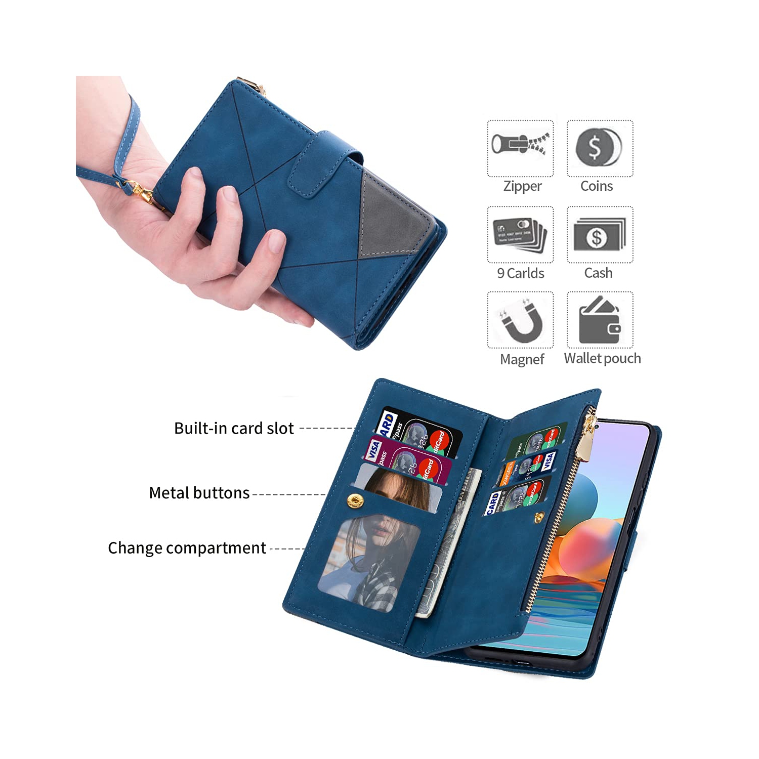 Google Pixel 6a Case, Google Pixel 6a Wallet Case, 9 Card Slots Premium Flip Wallet Leather Magnetic Case Purse with Zipper Coin Credit Card Holder