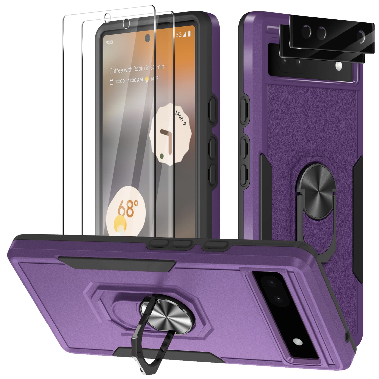 5 in 1 for Google Pixel 6A 5G Phone Case, Ring Kickstand Case with Screen Protector and Camera Lens Protector for Google Pixel 6A 5G, Drop Protection