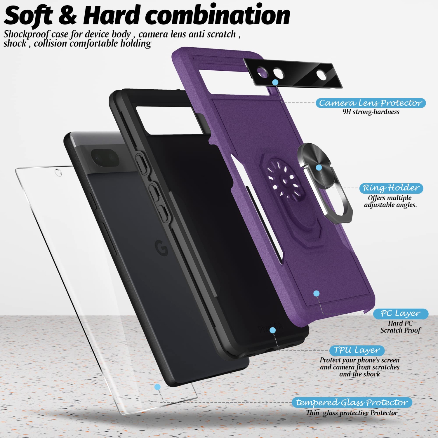 5 in 1 for Google Pixel 6A 5G Phone Case, Ring Kickstand Case with Screen Protector and Camera Lens Protector for Google Pixel 6A 5G, Drop Protection