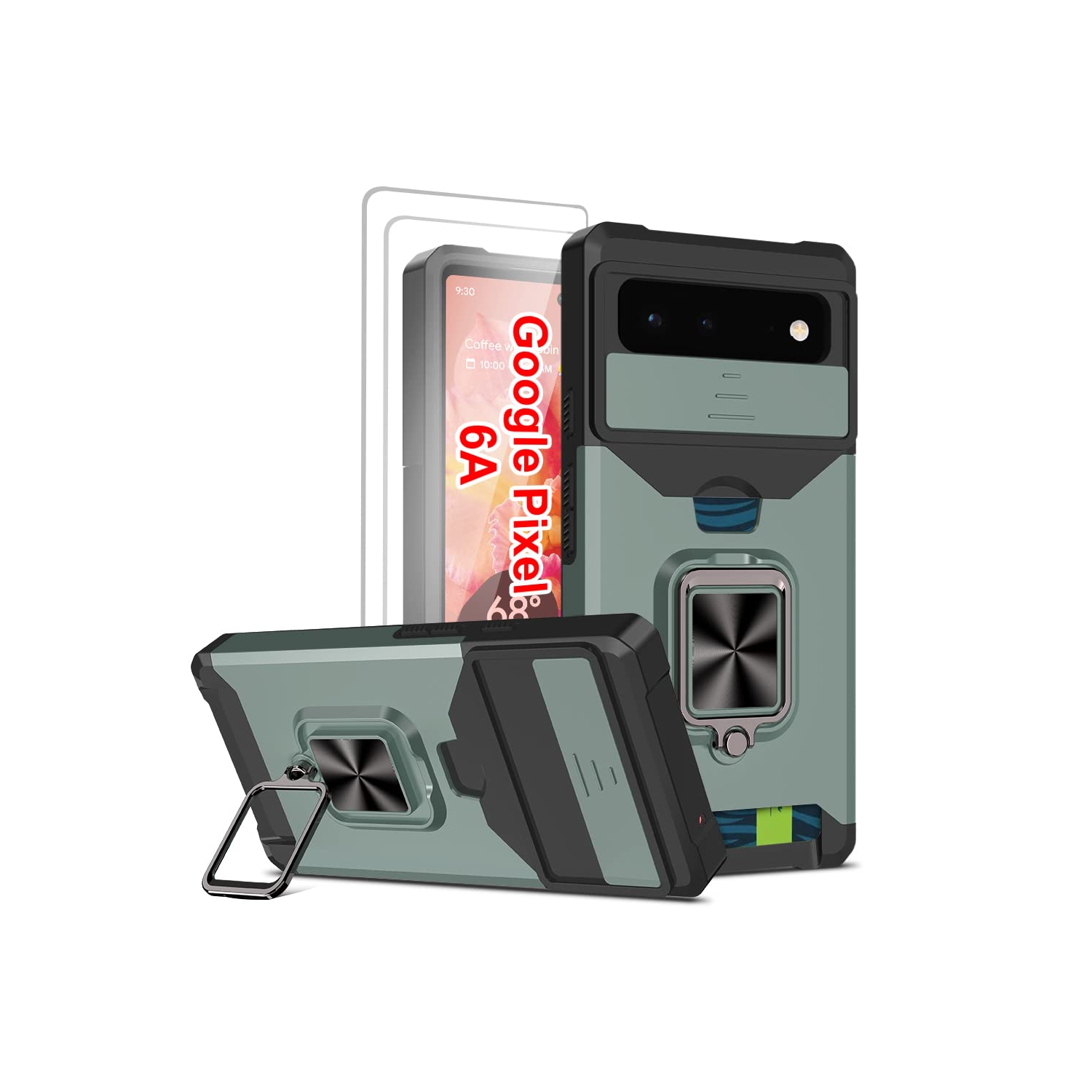 Wallet Case Compatible with Google Pixel 6A & 2 Screen Protectors, with Sliding Camera Cover, Card Holder Slot and Magnetic Kickstand Ring, Heavy