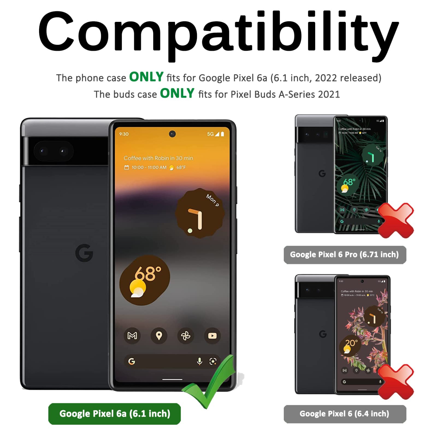 1+1 Pack Compatible Google Pixel 6A Case + Google Pixel Buds A-Series Case, Ultra-Thin PC Matte Texture Shockproof Phone Case with Silicone Buds Case