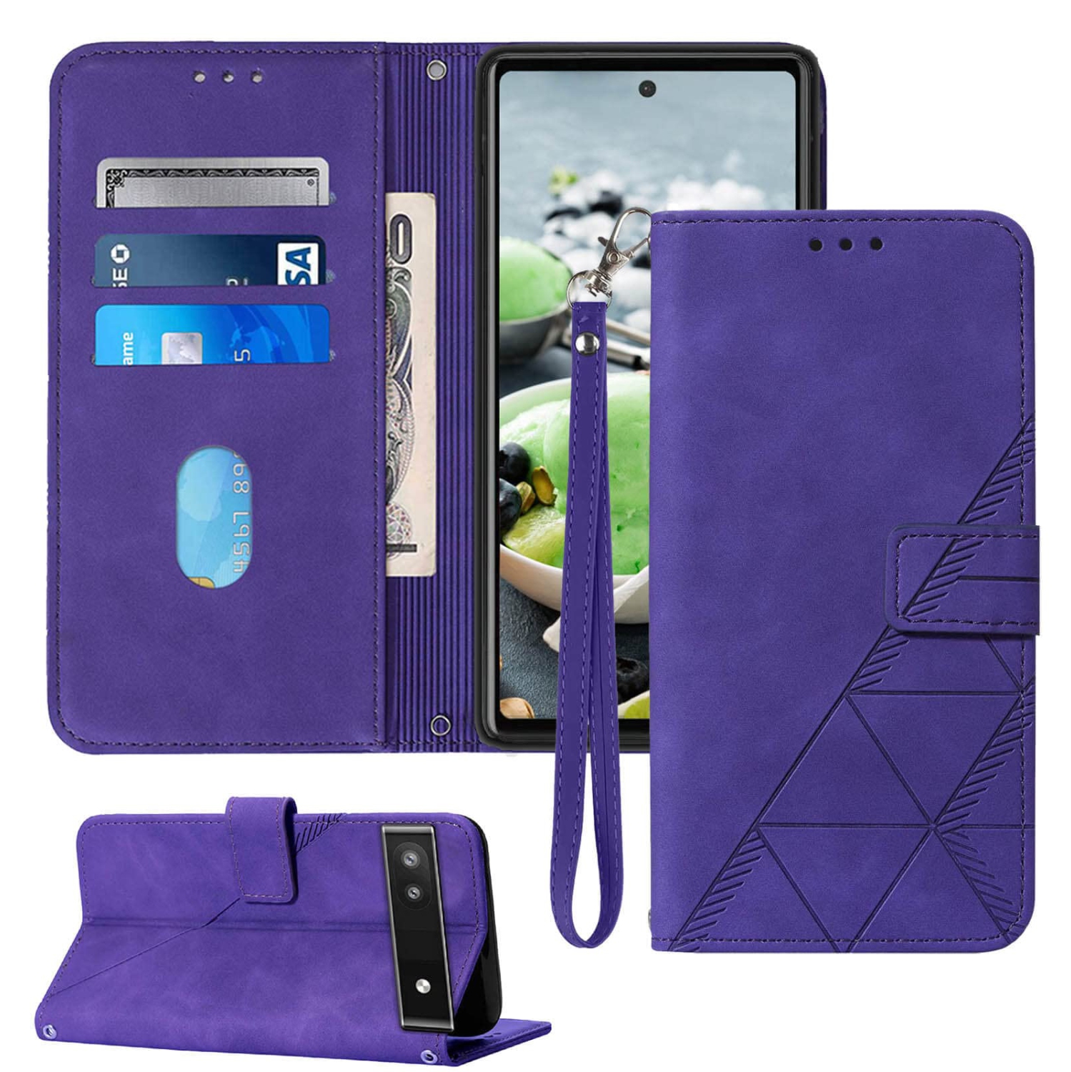 Wallet Case for Pixel 6a, Kickstand Wrist Strap Card Holder Slots TPU Interior Protective for Pixel 6a Case,PU Leather Folio Flip Cover for Google