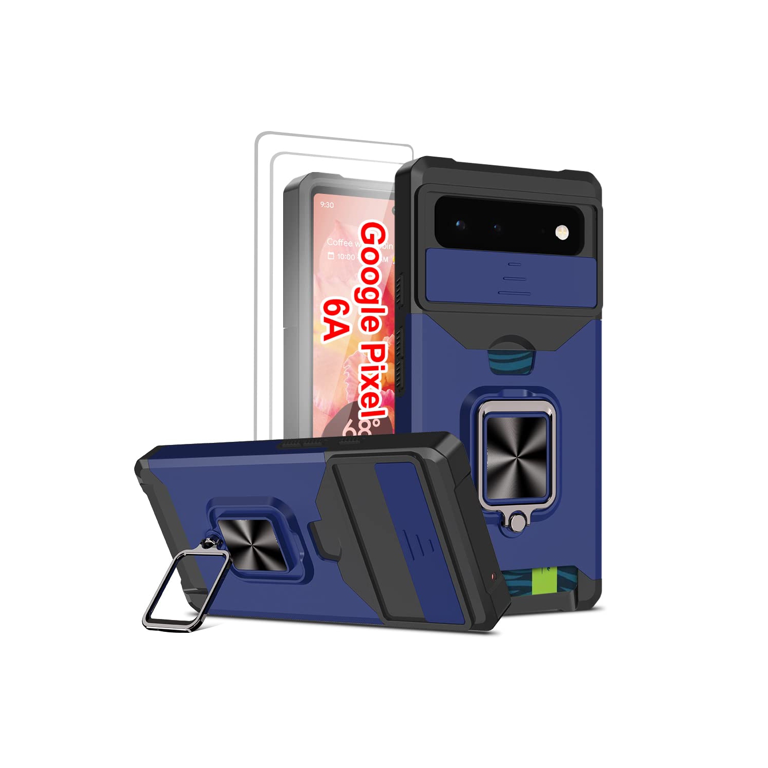 Wallet Case Compatible with Google Pixel 6A & 2 Screen Protectors, with Sliding Camera Cover, Card Holder Slot and Magnetic Kickstand Ring, Heavy