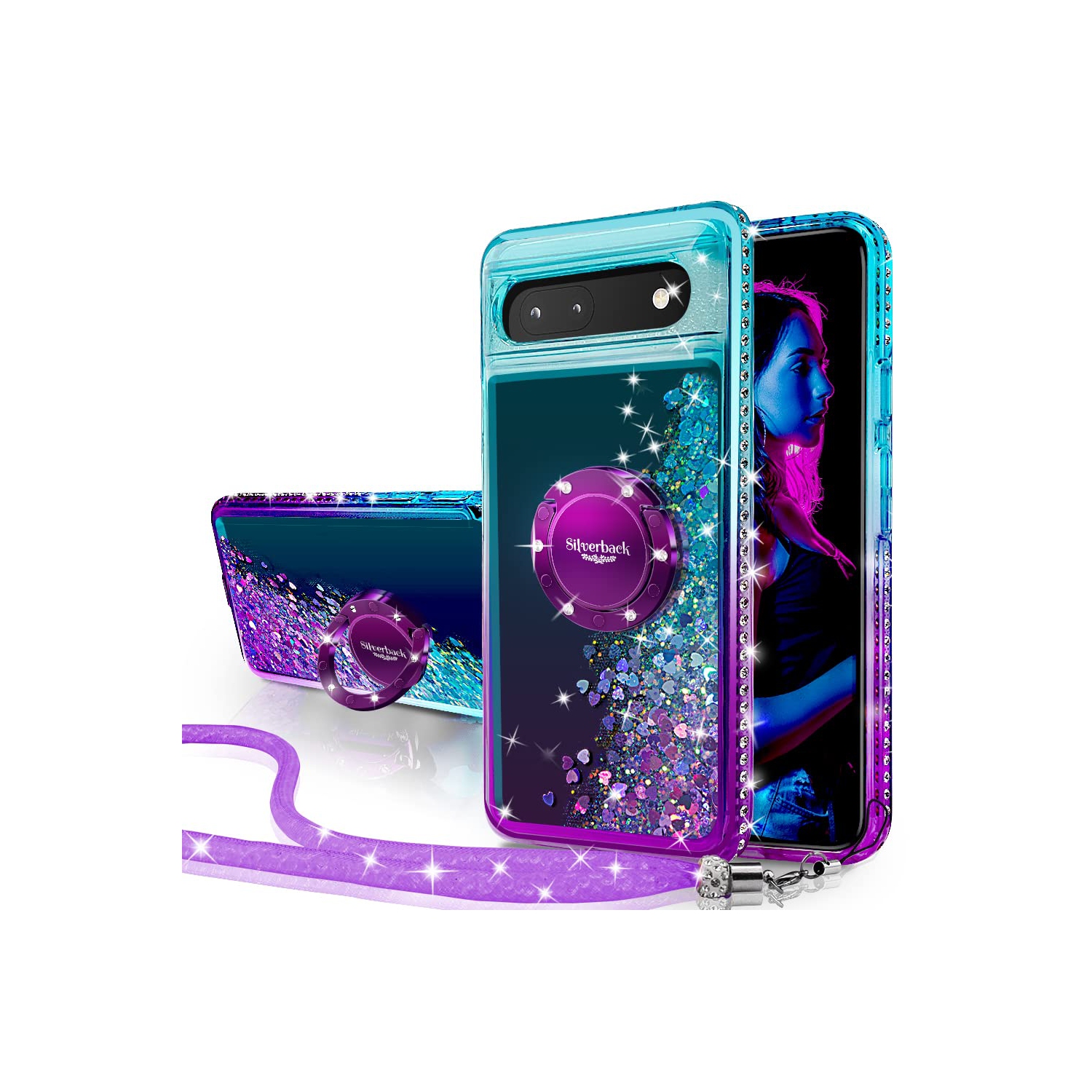 Google Pixel 6A Case with Ring Kickstand Lanyard, Moving Liquid Glitter Sparkle Holographic, Girls Women Bling Diamond Ring Protective Cover for