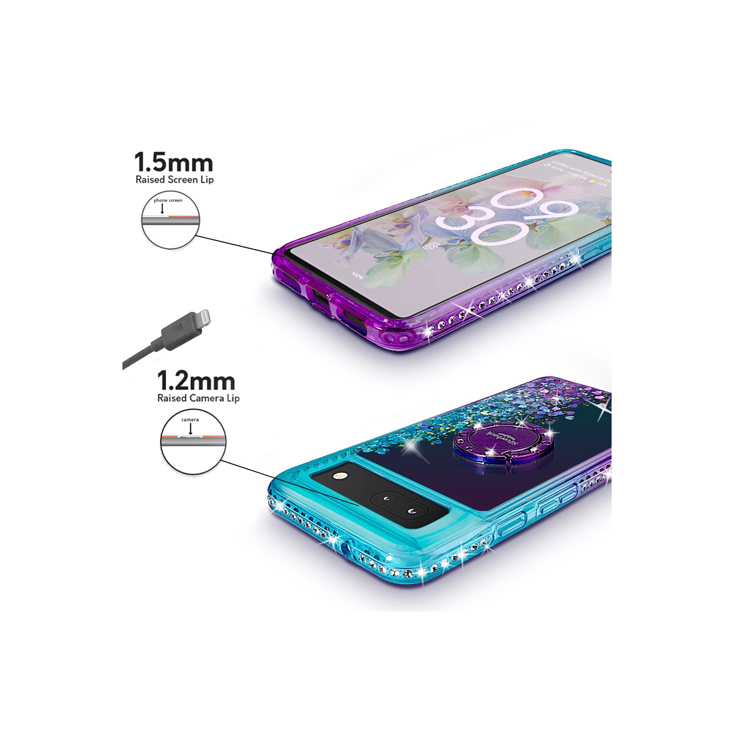 Google Pixel 6A Case with Ring Kickstand Lanyard, Moving Liquid Glitter Sparkle Holographic, Girls Women Bling Diamond Ring Protective Cover for